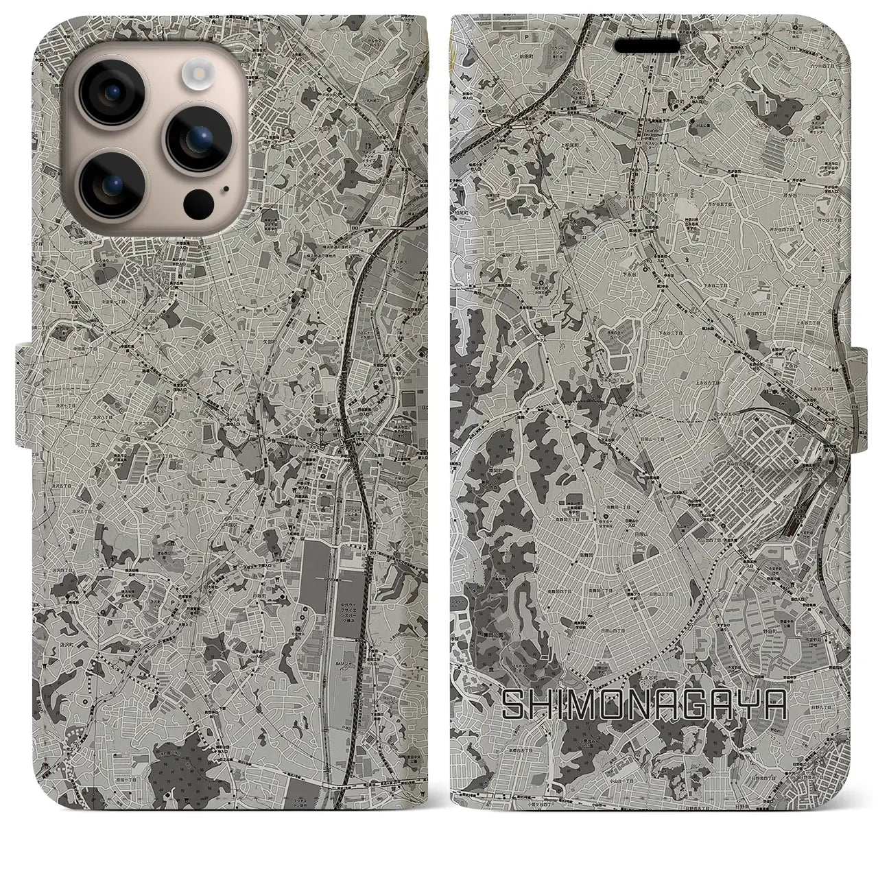 【下永谷(神奈川県)】地図柄iPhoneケース(手帳タイプ)モノトーン・iPhone 16 Plus 用