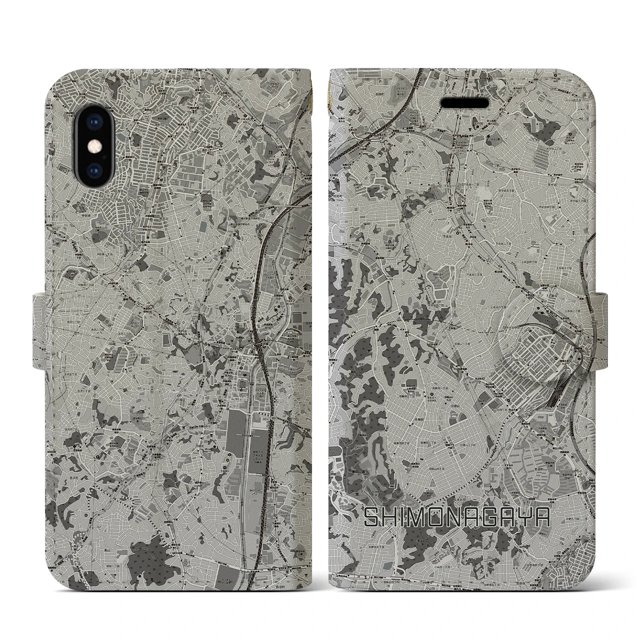 【下永谷(神奈川県)】地図柄iPhoneケース(手帳タイプ)モノトーン・iPhone XS / X 用