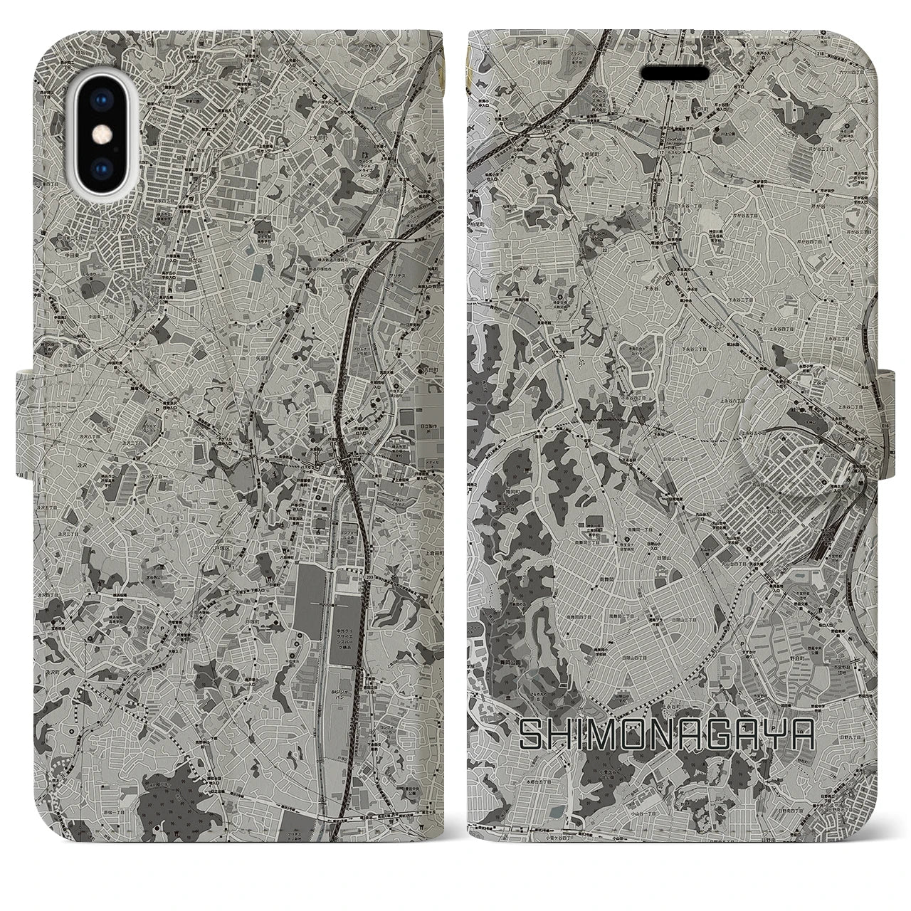 【下永谷(神奈川県)】地図柄iPhoneケース(手帳タイプ)モノトーン・iPhone XS Max 用