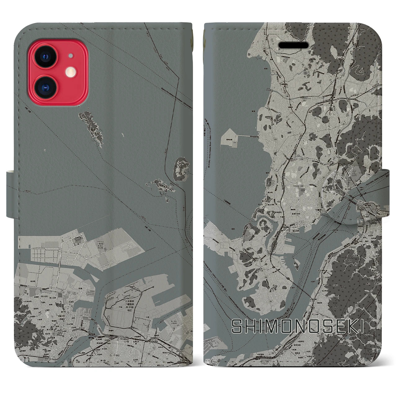 【下関(山口県)】地図柄iPhoneケース(手帳タイプ)モノトーン・iPhone 11 用