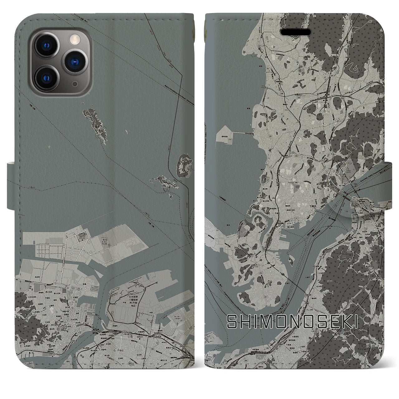 【下関(山口県)】地図柄iPhoneケース(手帳タイプ)モノトーン・iPhone 11 Pro Max 用