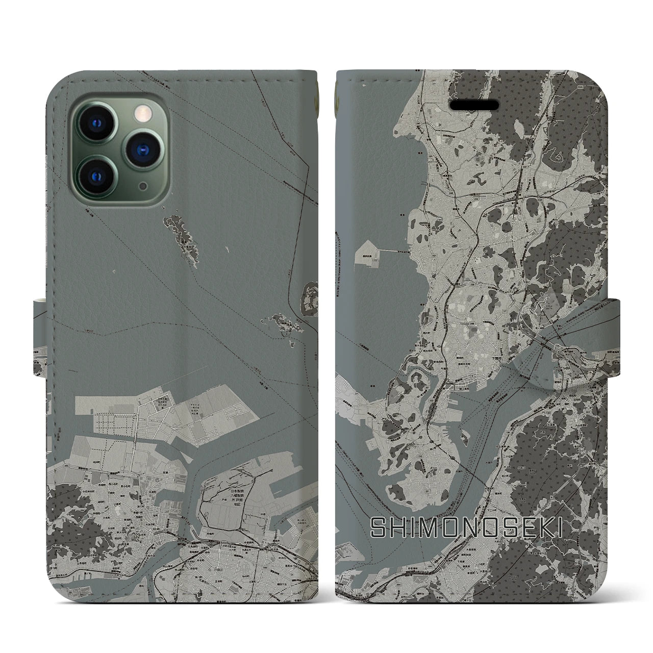 【下関(山口県)】地図柄iPhoneケース(手帳タイプ)モノトーン・iPhone 11 Pro 用