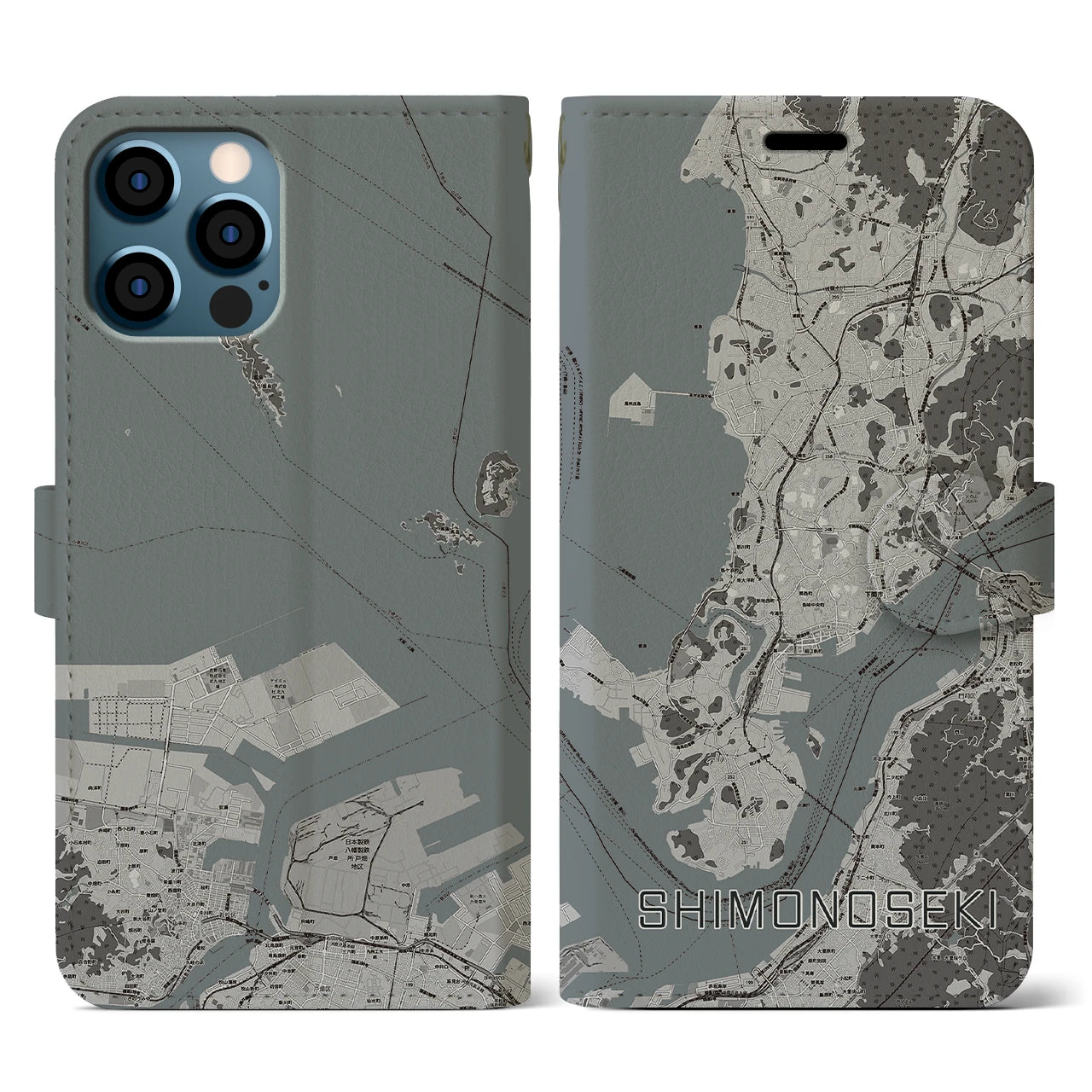 【下関(山口県)】地図柄iPhoneケース(手帳タイプ)モノトーン・iPhone 12 / 12 Pro 用