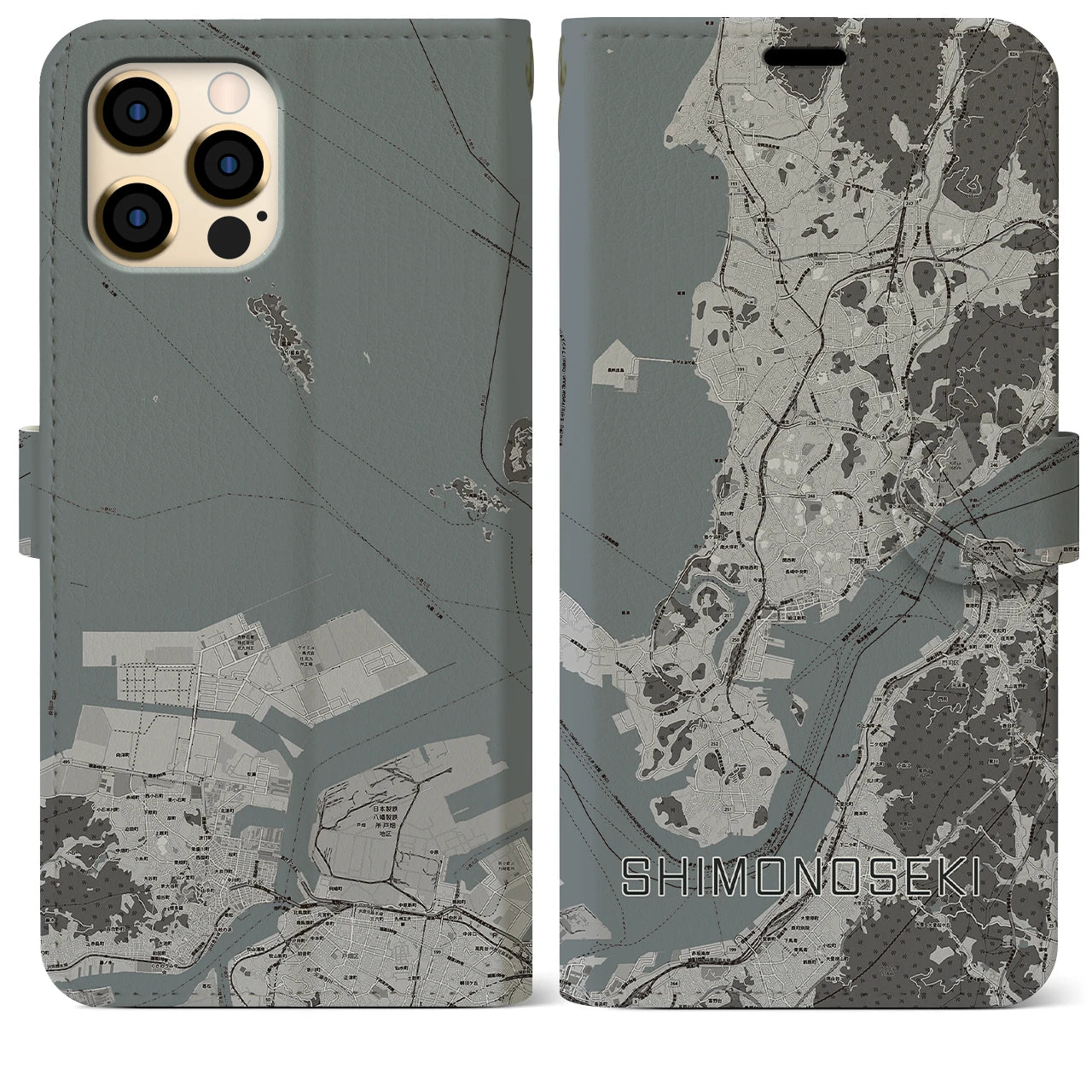 【下関(山口県)】地図柄iPhoneケース(手帳タイプ)モノトーン・iPhone 12 Pro Max 用