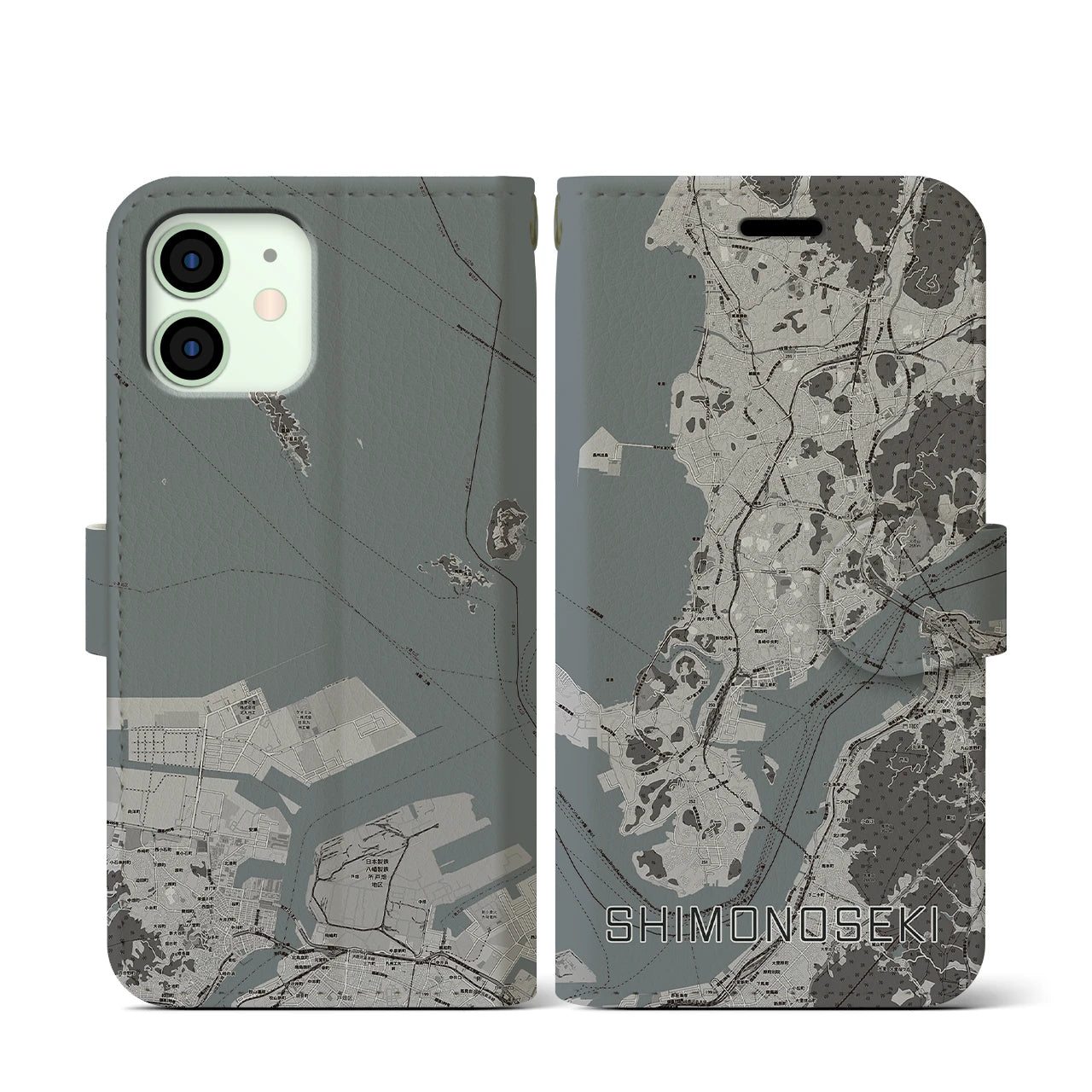 【下関(山口県)】地図柄iPhoneケース(手帳タイプ)モノトーン・iPhone 12 mini 用