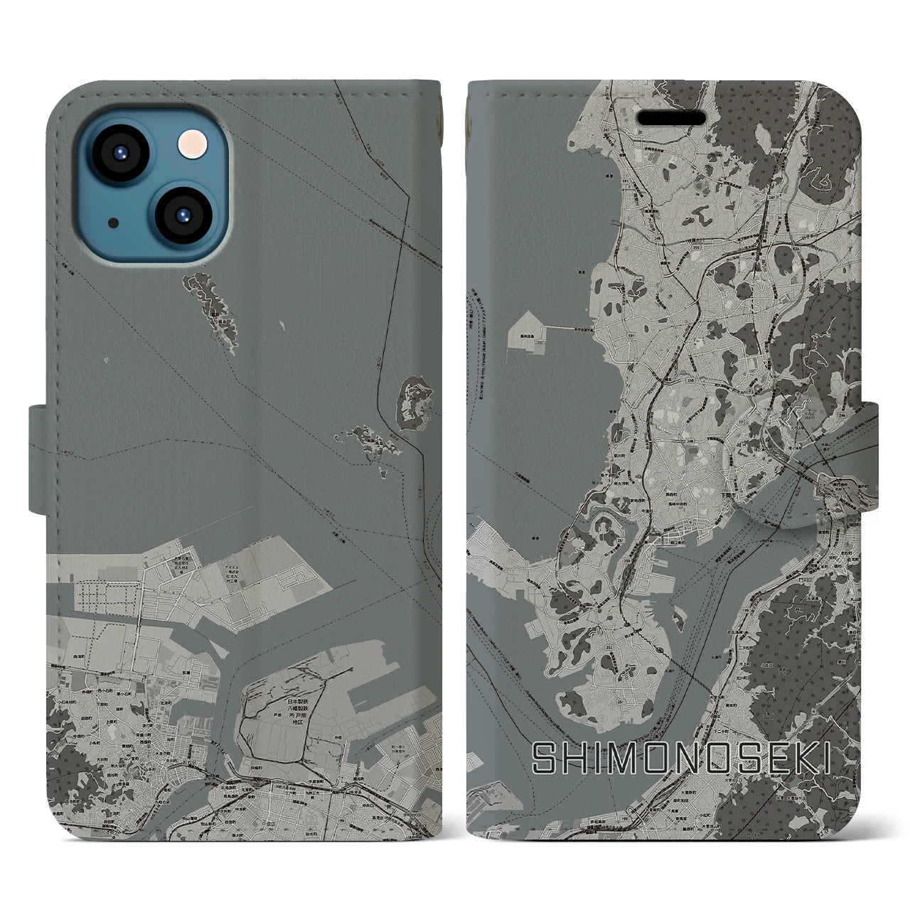 【下関(山口県)】地図柄iPhoneケース(手帳タイプ)モノトーン・iPhone 13 用