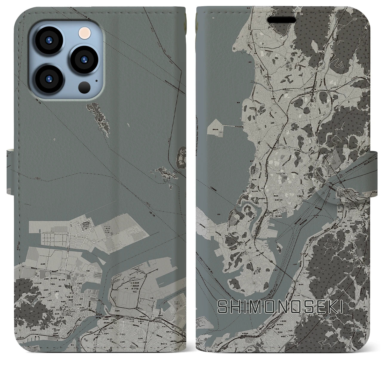 【下関(山口県)】地図柄iPhoneケース(手帳タイプ)モノトーン・iPhone 13 Pro Max 用