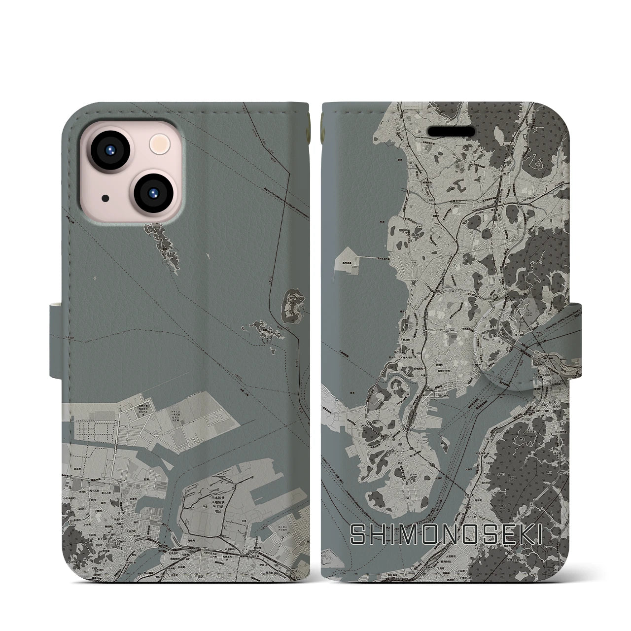【下関(山口県)】地図柄iPhoneケース(手帳タイプ)モノトーン・iPhone 13 mini 用