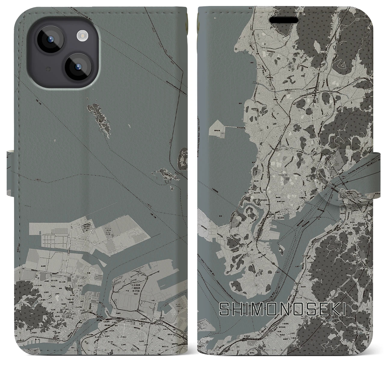 【下関(山口県)】地図柄iPhoneケース(手帳タイプ)モノトーン・iPhone 14 Plus 用