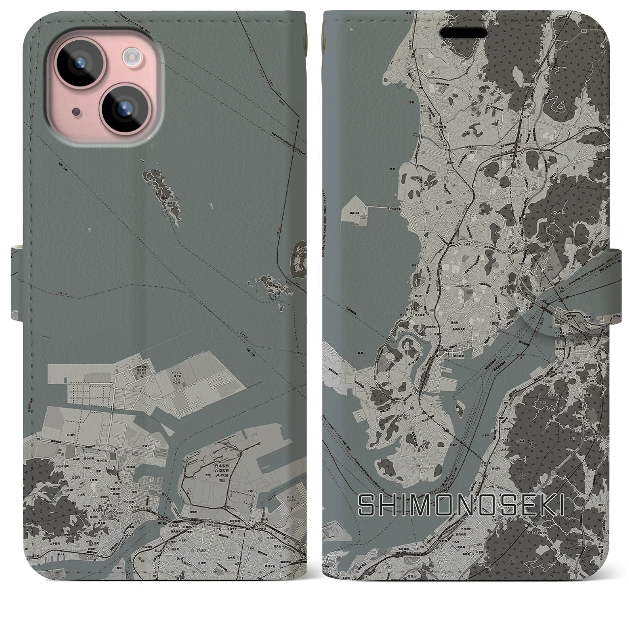【下関(山口県)】地図柄iPhoneケース(手帳タイプ)モノトーン・iPhone 15 Plus 用