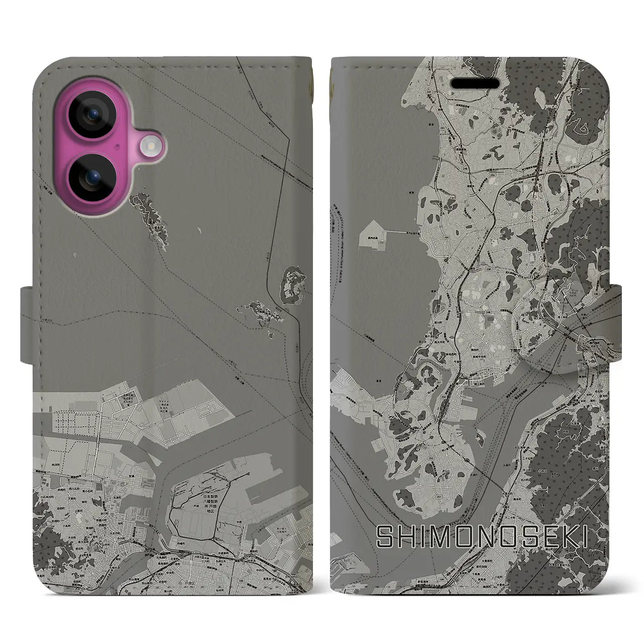 【下関(山口県)】地図柄iPhoneケース(手帳タイプ)モノトーン・iPhone 16 Pro 用