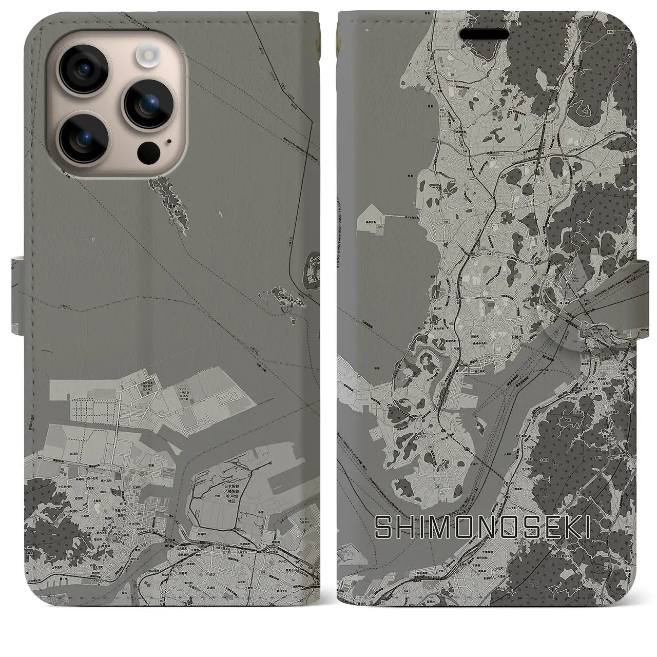 【下関(山口県)】地図柄iPhoneケース(手帳タイプ)モノトーン・iPhone 16 Plus 用