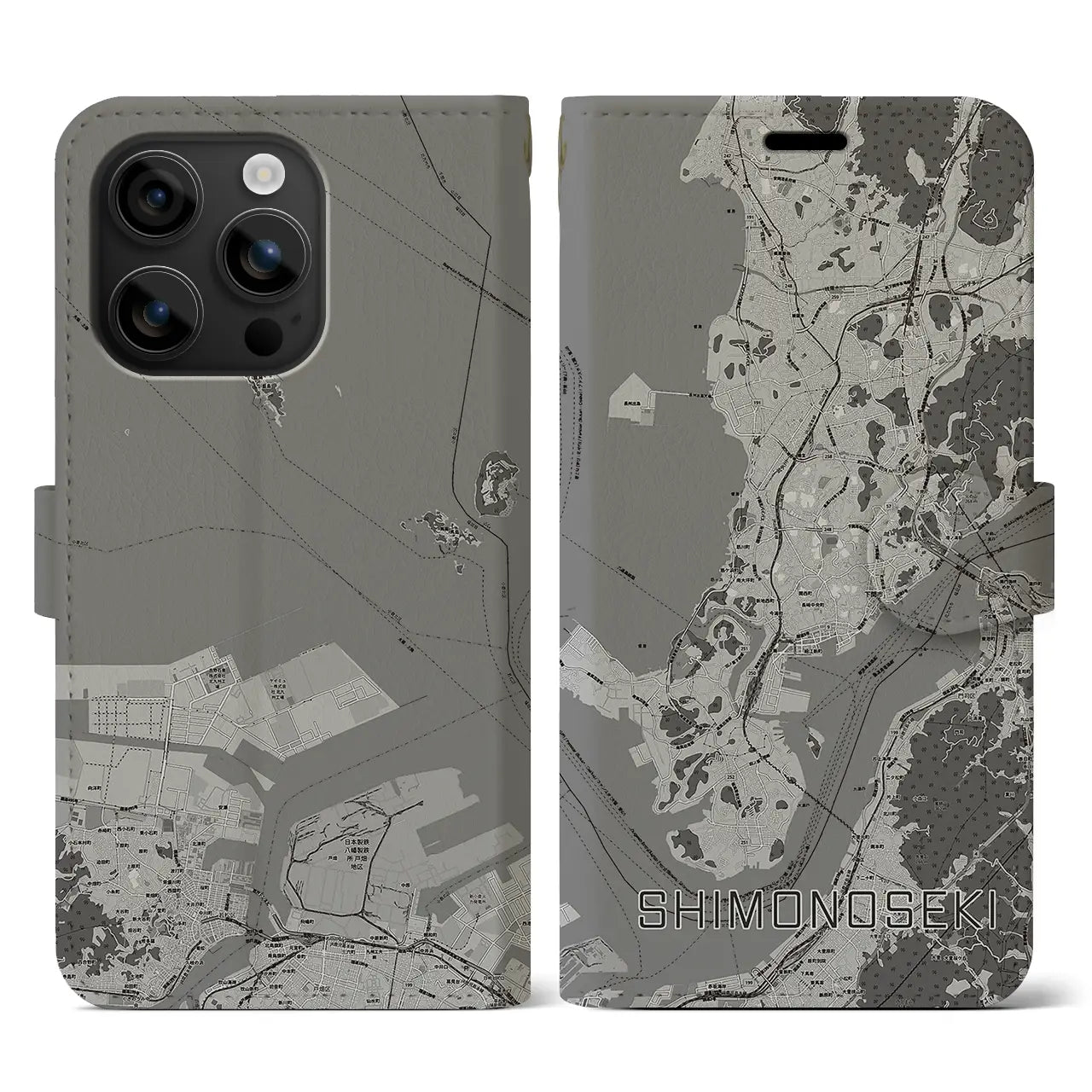 【下関(山口県)】地図柄iPhoneケース(手帳タイプ)モノトーン・iPhone 16 用