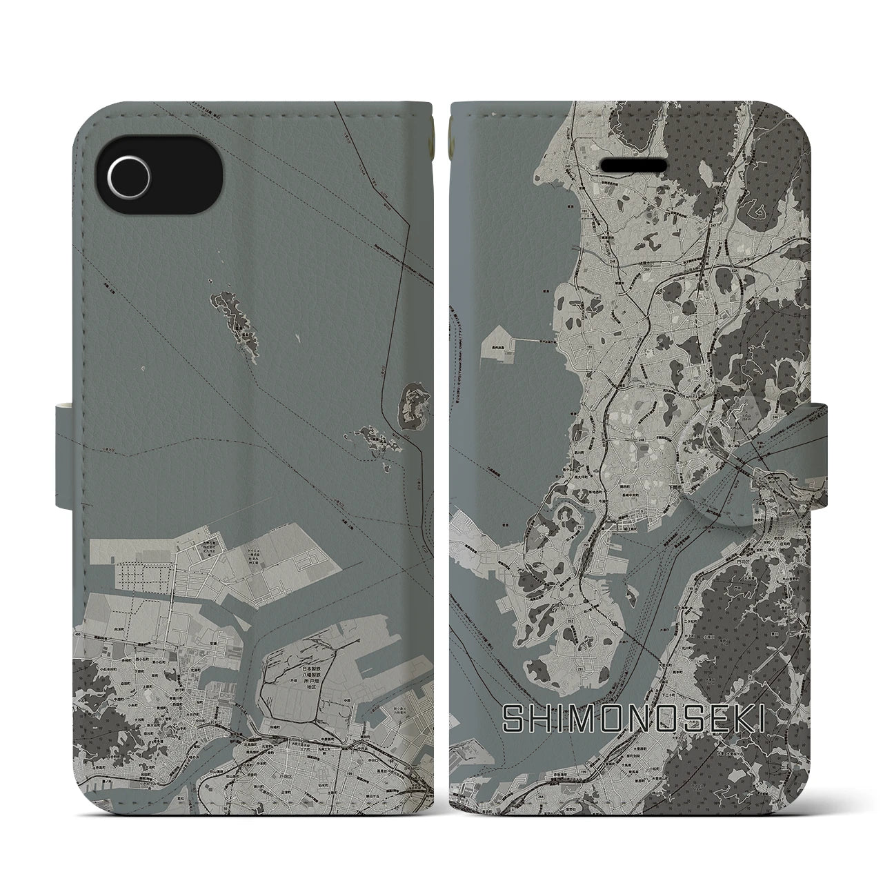 【下関(山口県)】地図柄iPhoneケース(手帳タイプ)モノトーン・iPhone SE(第3 / 第2世代) / 8 / 7 / 6s / 6 用