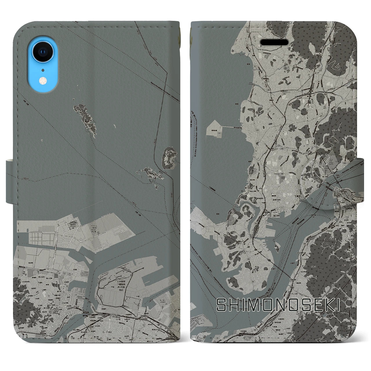 【下関(山口県)】地図柄iPhoneケース(手帳タイプ)モノトーン・iPhone XR 用