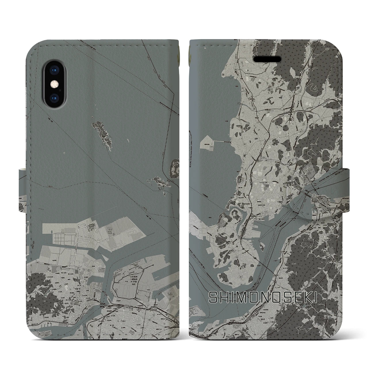 【下関(山口県)】地図柄iPhoneケース(手帳タイプ)モノトーン・iPhone XS / X 用