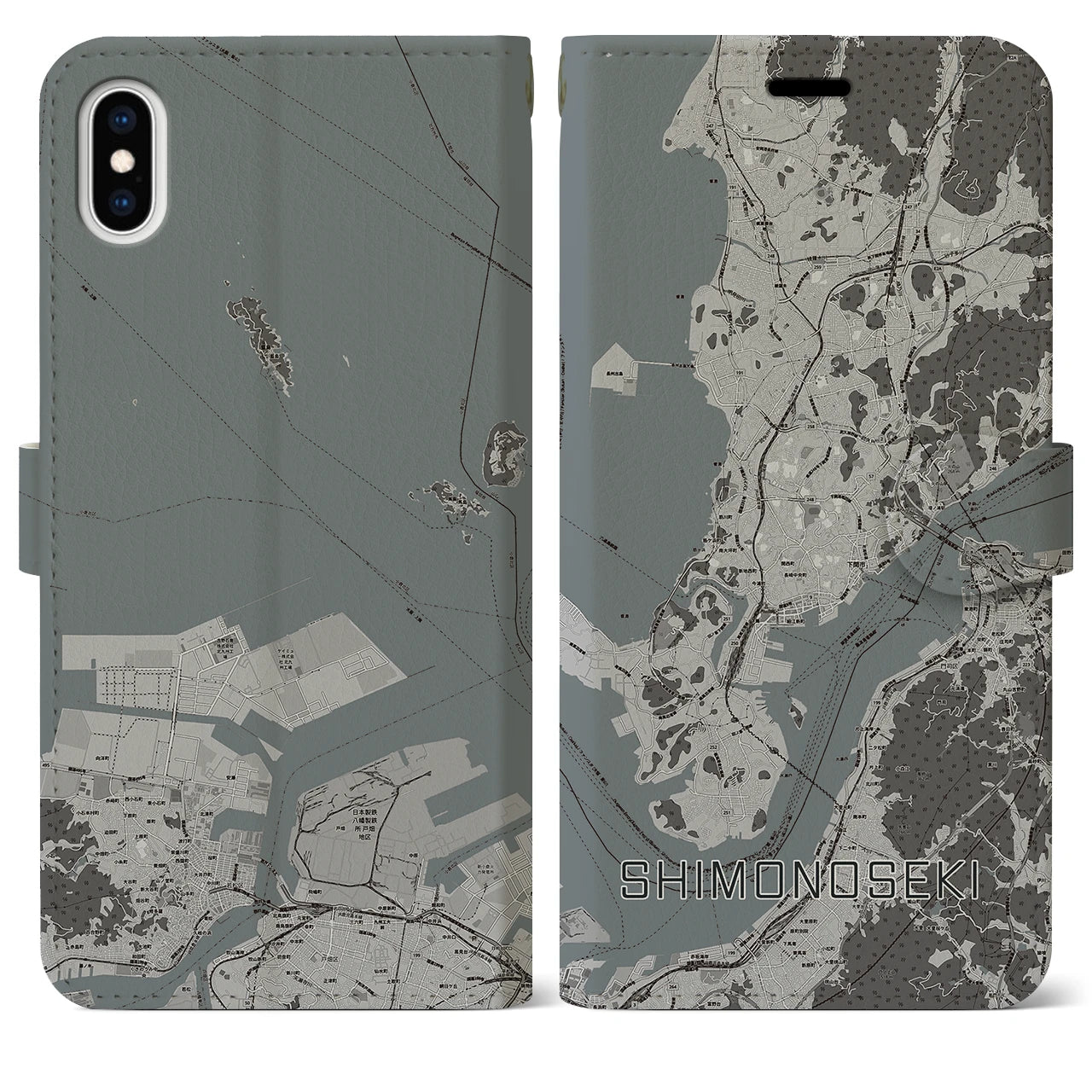 【下関(山口県)】地図柄iPhoneケース(手帳タイプ)モノトーン・iPhone XS Max 用