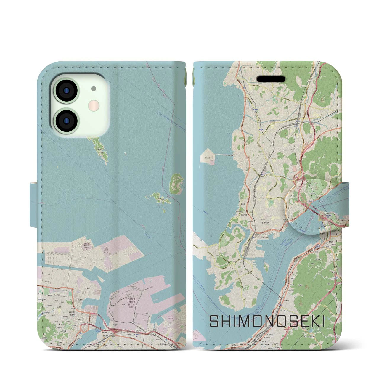 【下関(山口県)】地図柄iPhoneケース(手帳タイプ)ナチュラル・iPhone 12 mini 用
