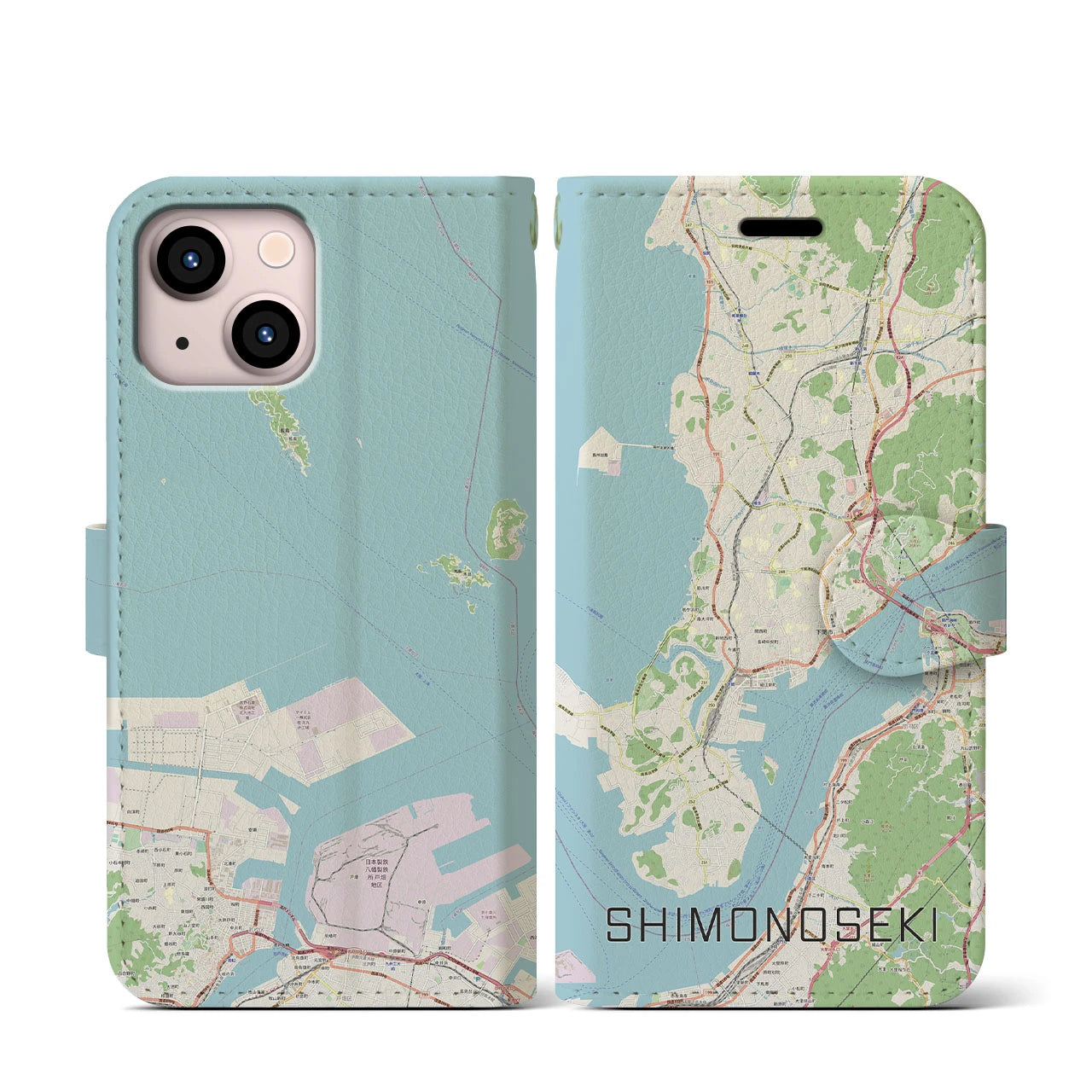 【下関(山口県)】地図柄iPhoneケース(手帳タイプ)ナチュラル・iPhone 13 mini 用