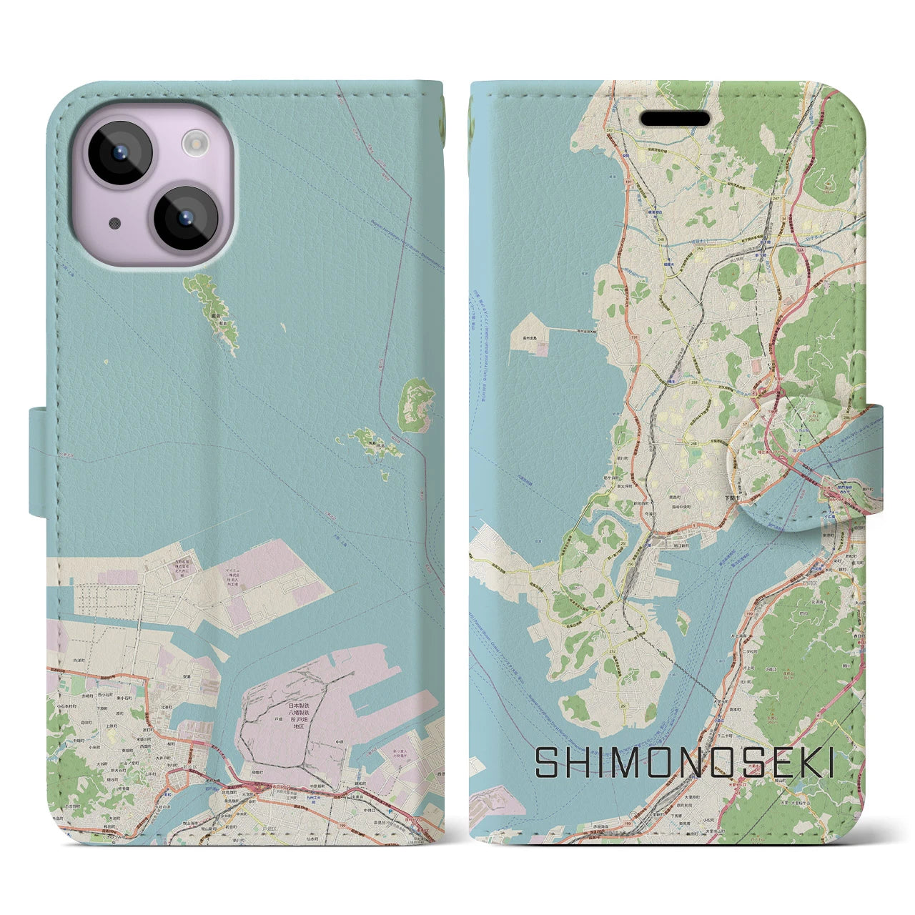 【下関(山口県)】地図柄iPhoneケース(手帳タイプ)ナチュラル・iPhone 14 用