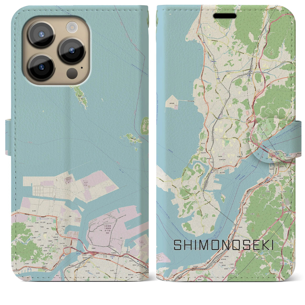 【下関(山口県)】地図柄iPhoneケース(手帳タイプ)ナチュラル・iPhone 14 Pro Max 用