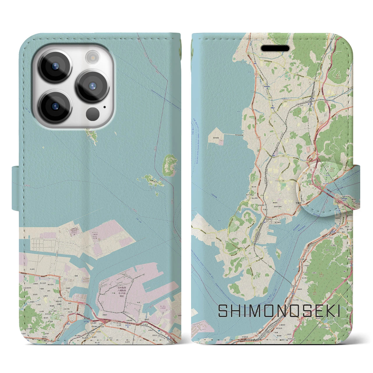 【下関(山口県)】地図柄iPhoneケース(手帳タイプ)ナチュラル・iPhone 14 Pro 用