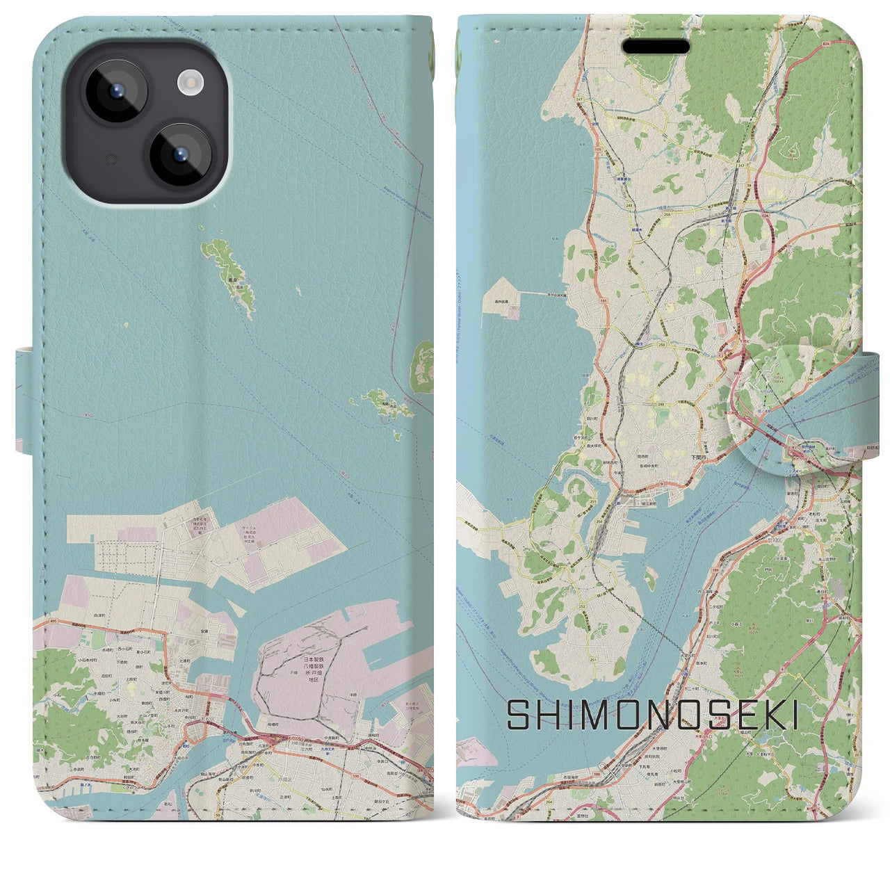 【下関(山口県)】地図柄iPhoneケース(手帳タイプ)ナチュラル・iPhone 14 Plus 用