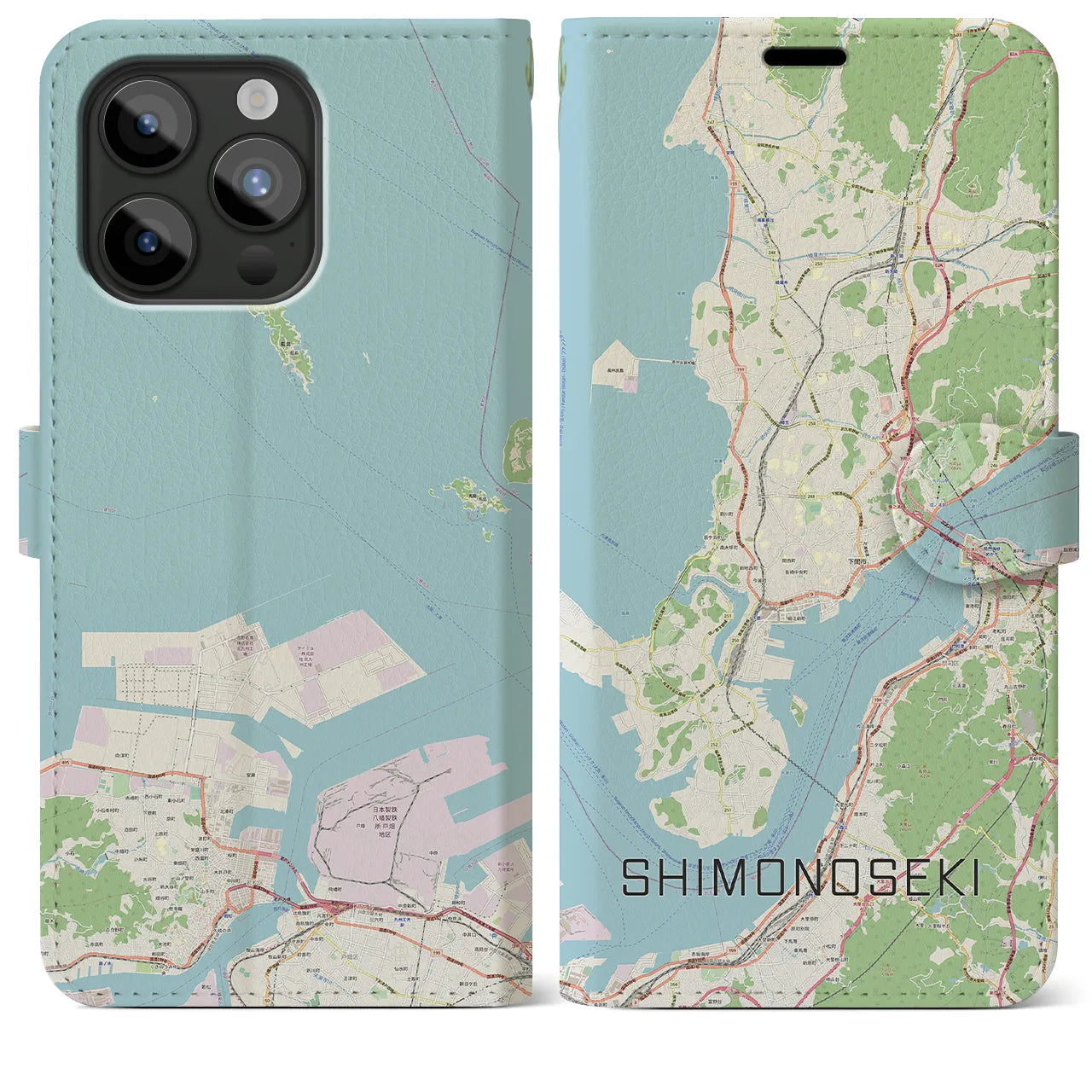 【下関(山口県)】地図柄iPhoneケース(手帳タイプ)ナチュラル・iPhone 15 Pro Max 用
