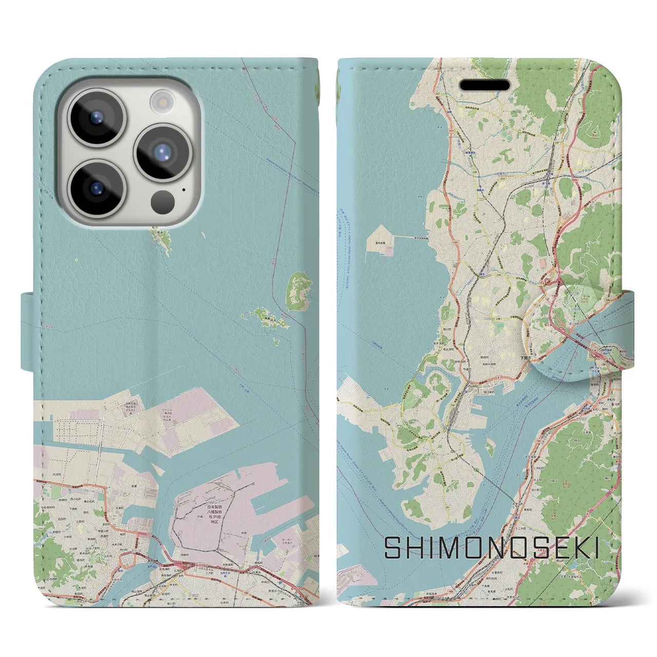 【下関(山口県)】地図柄iPhoneケース(手帳タイプ)ナチュラル・iPhone 15 Pro 用