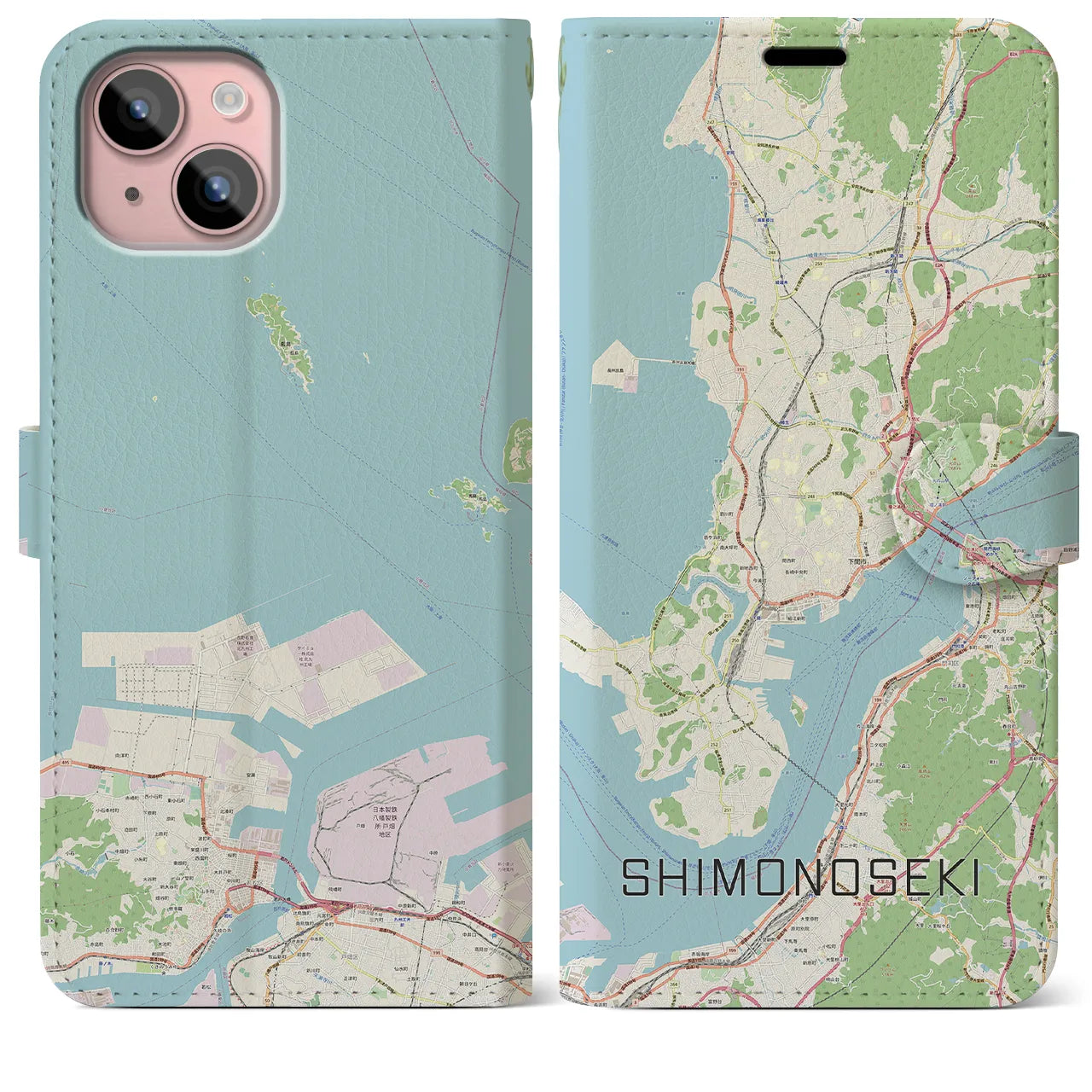 【下関(山口県)】地図柄iPhoneケース(手帳タイプ)ナチュラル・iPhone 15 Plus 用