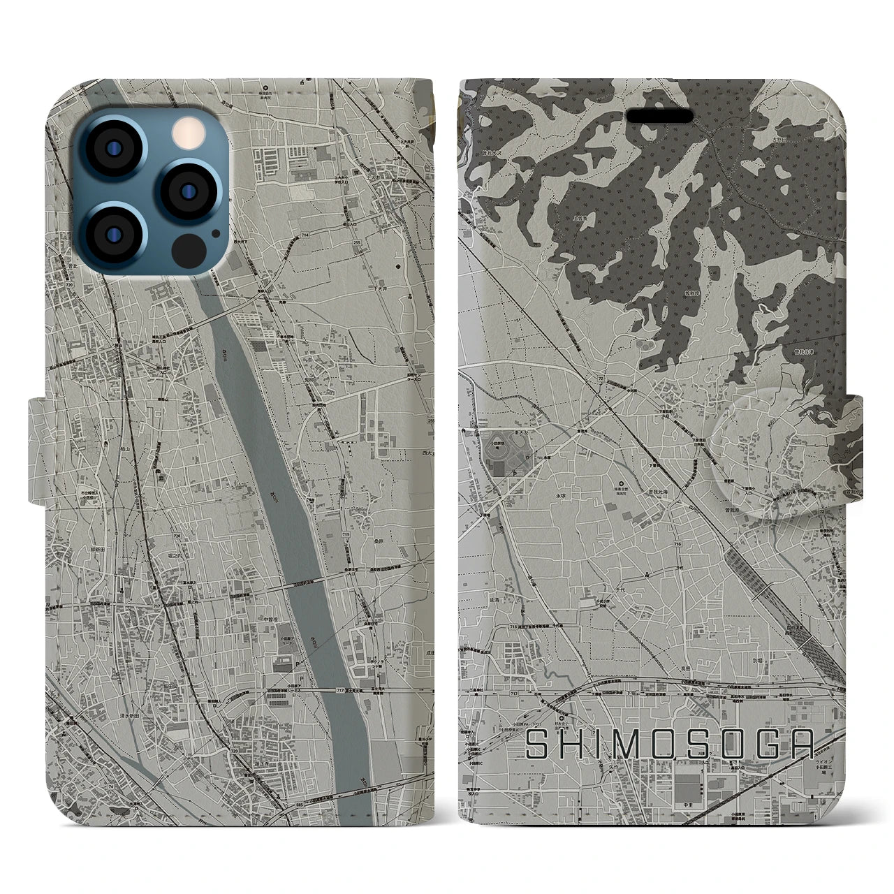 【下曽我(神奈川県)】地図柄iPhoneケース(手帳タイプ)モノトーン・iPhone 12 / 12 Pro 用