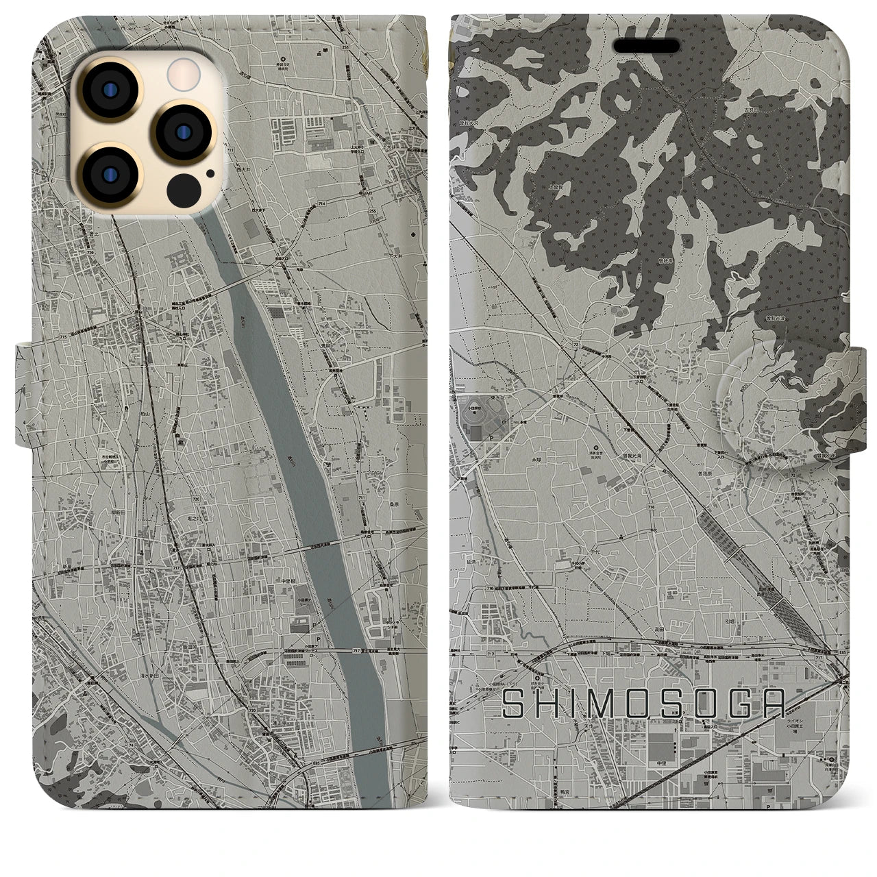 【下曽我(神奈川県)】地図柄iPhoneケース(手帳タイプ)モノトーン・iPhone 12 Pro Max 用