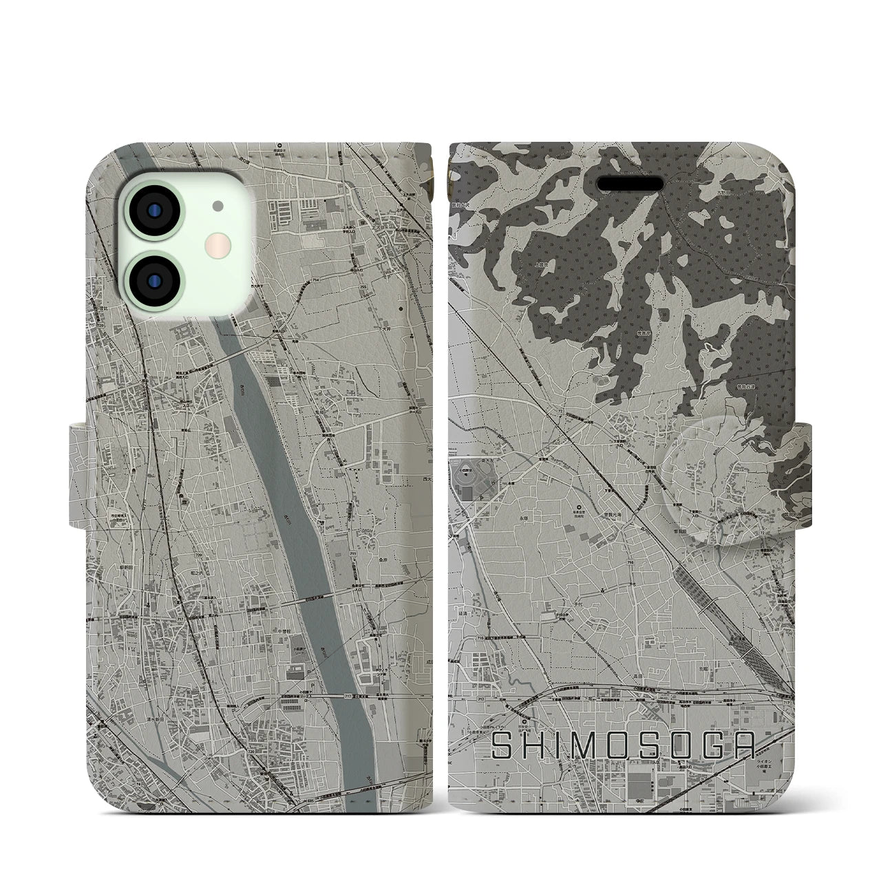 【下曽我(神奈川県)】地図柄iPhoneケース(手帳タイプ)モノトーン・iPhone 12 mini 用