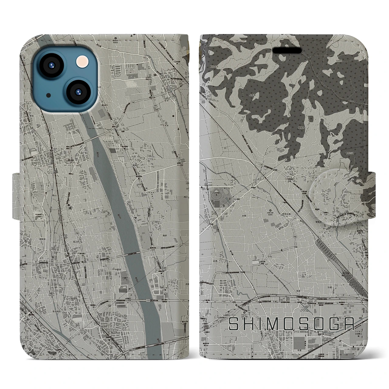 【下曽我(神奈川県)】地図柄iPhoneケース(手帳タイプ)モノトーン・iPhone 13 用