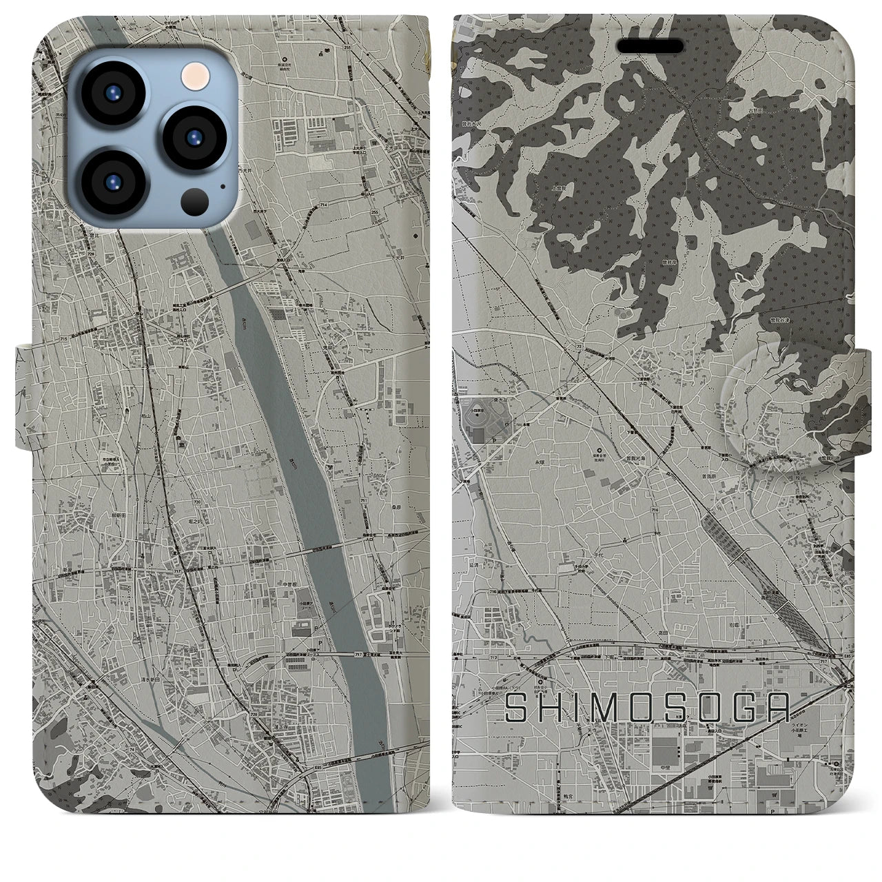【下曽我(神奈川県)】地図柄iPhoneケース(手帳タイプ)モノトーン・iPhone 13 Pro Max 用