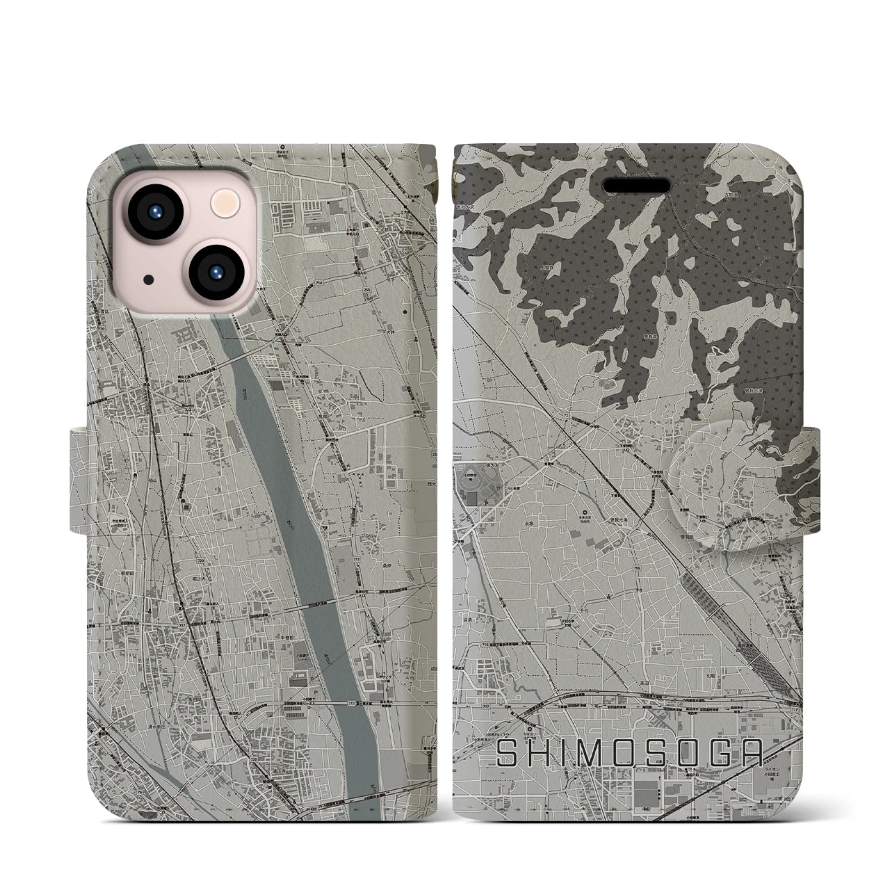 【下曽我(神奈川県)】地図柄iPhoneケース(手帳タイプ)モノトーン・iPhone 13 mini 用