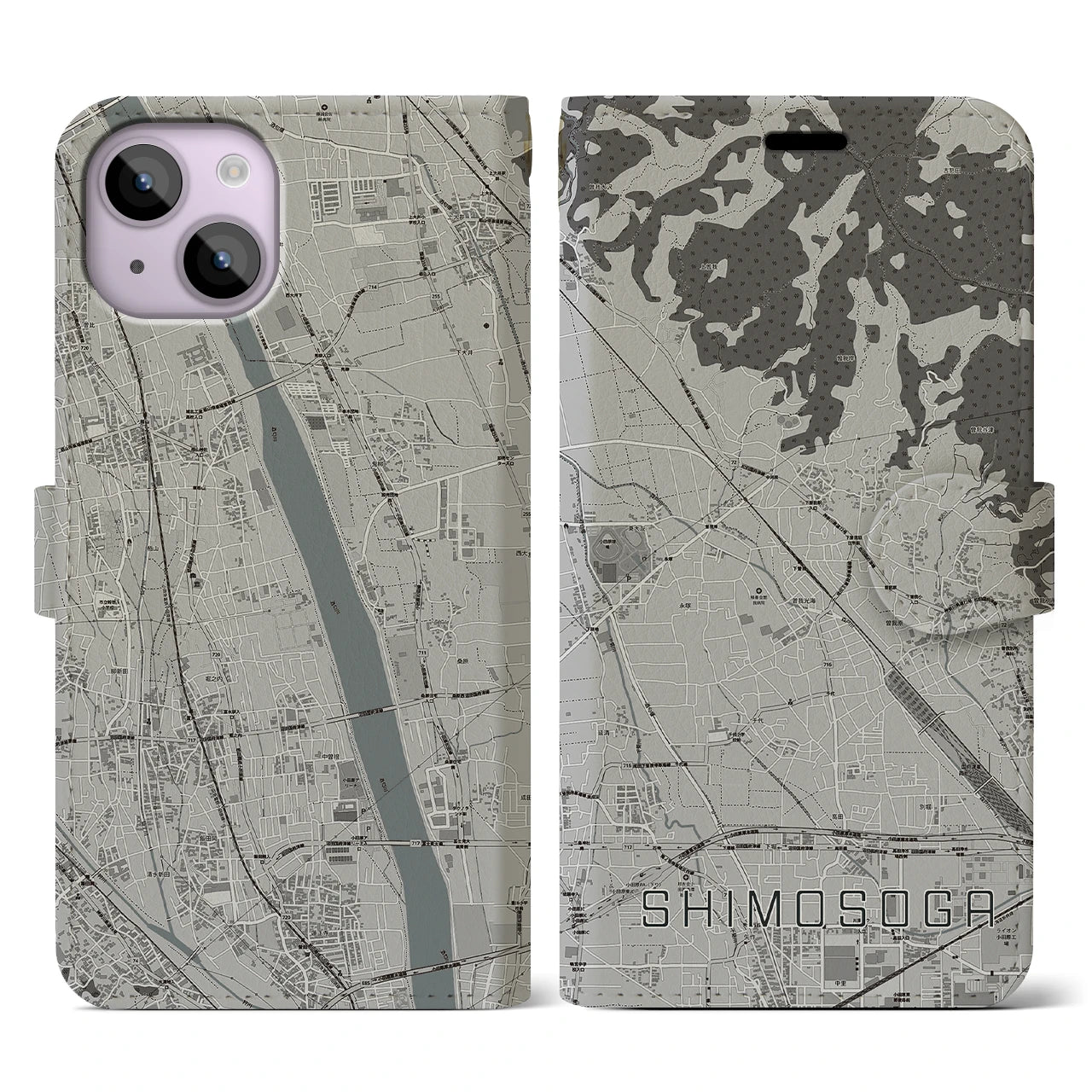 【下曽我(神奈川県)】地図柄iPhoneケース(手帳タイプ)モノトーン・iPhone 14 用