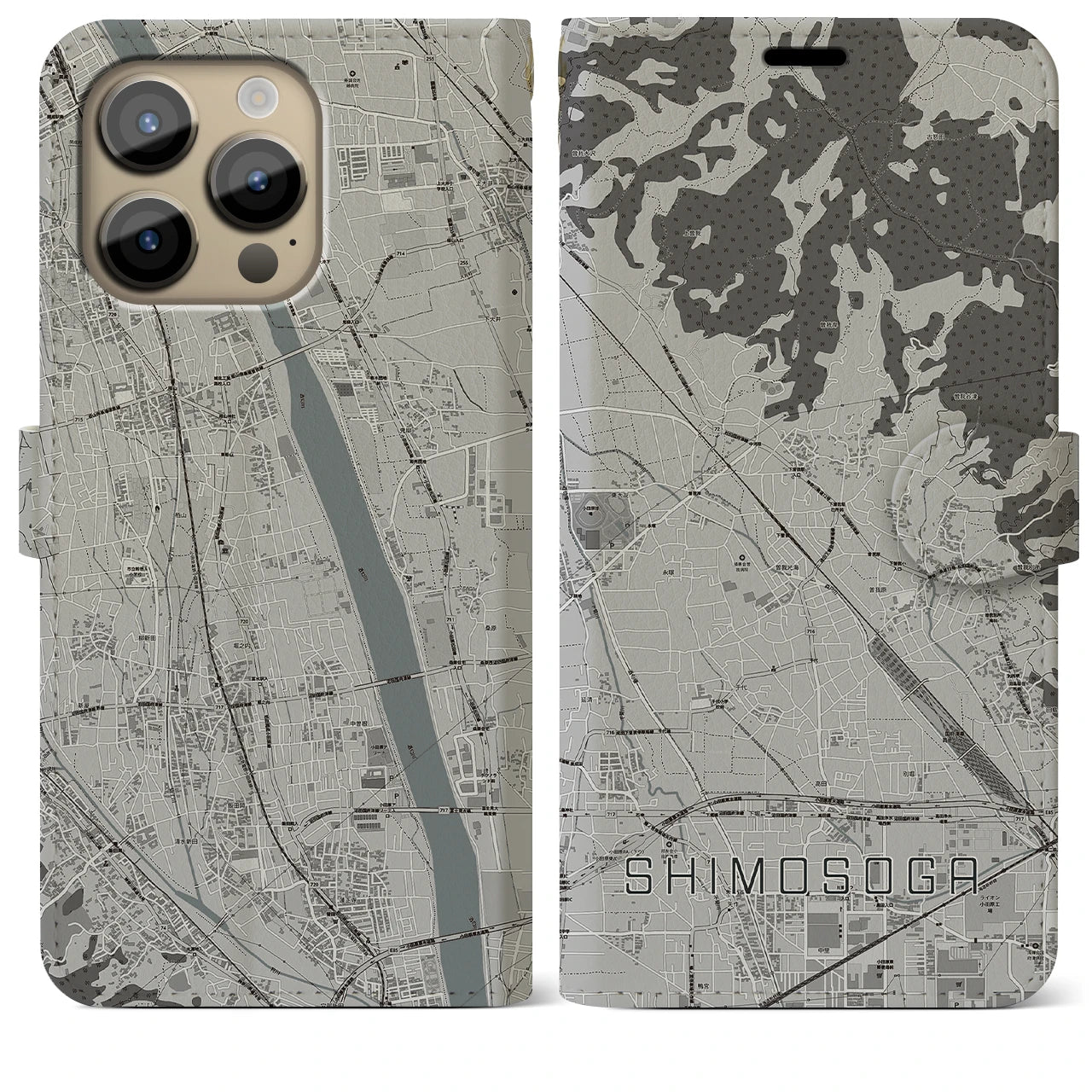【下曽我(神奈川県)】地図柄iPhoneケース(手帳タイプ)モノトーン・iPhone 14 Pro Max 用