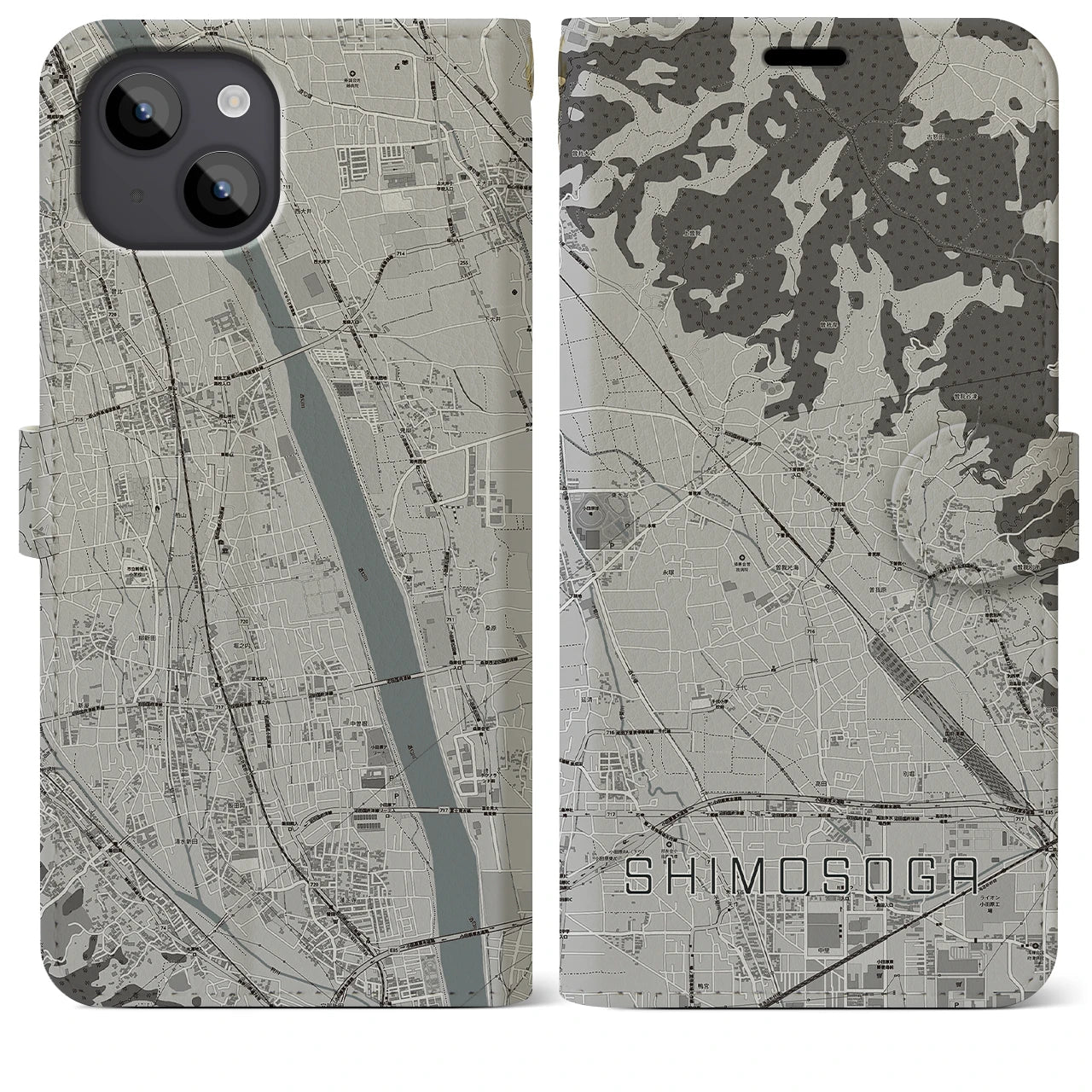 【下曽我(神奈川県)】地図柄iPhoneケース(手帳タイプ)モノトーン・iPhone 14 Plus 用