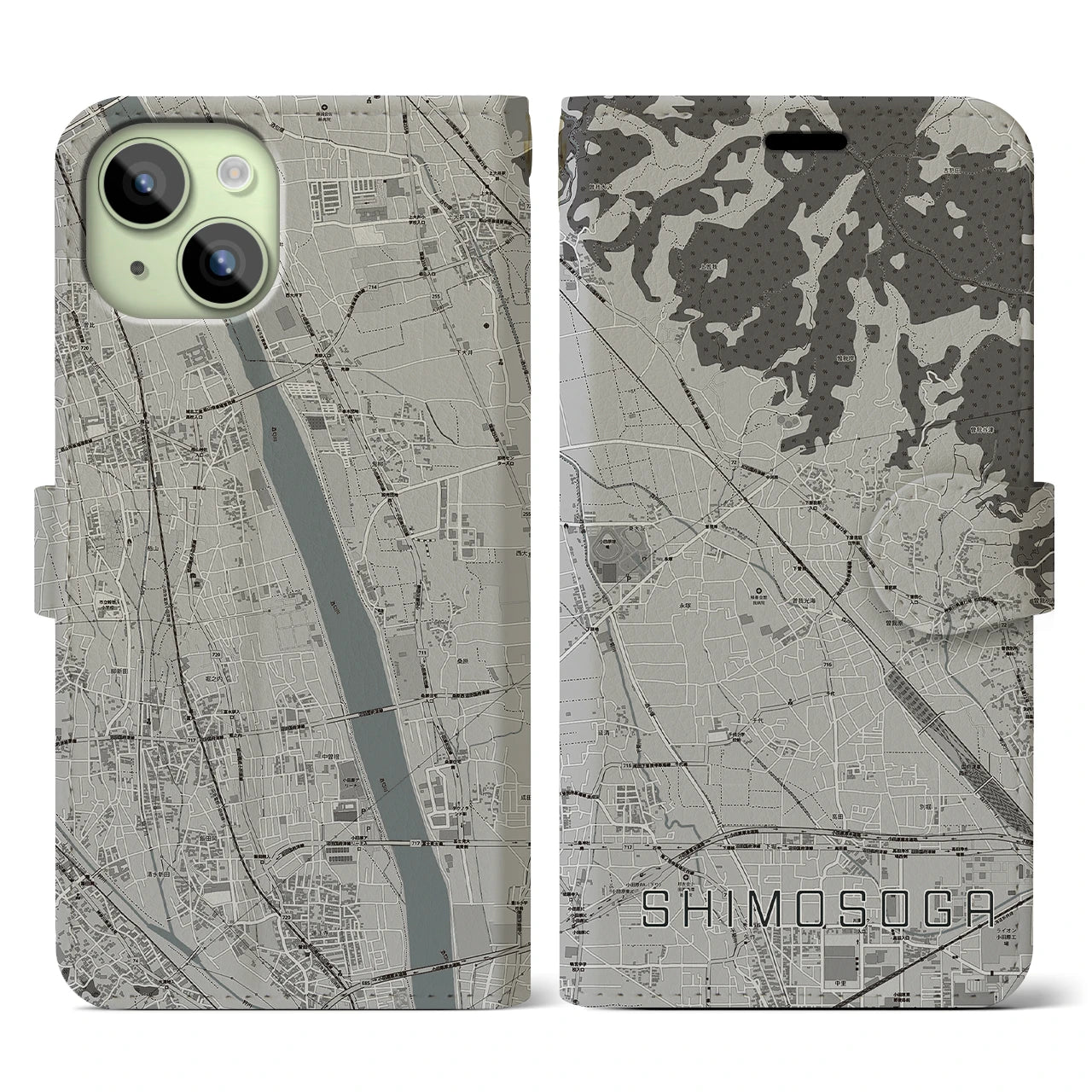 【下曽我(神奈川県)】地図柄iPhoneケース(手帳タイプ)モノトーン・iPhone 15 用