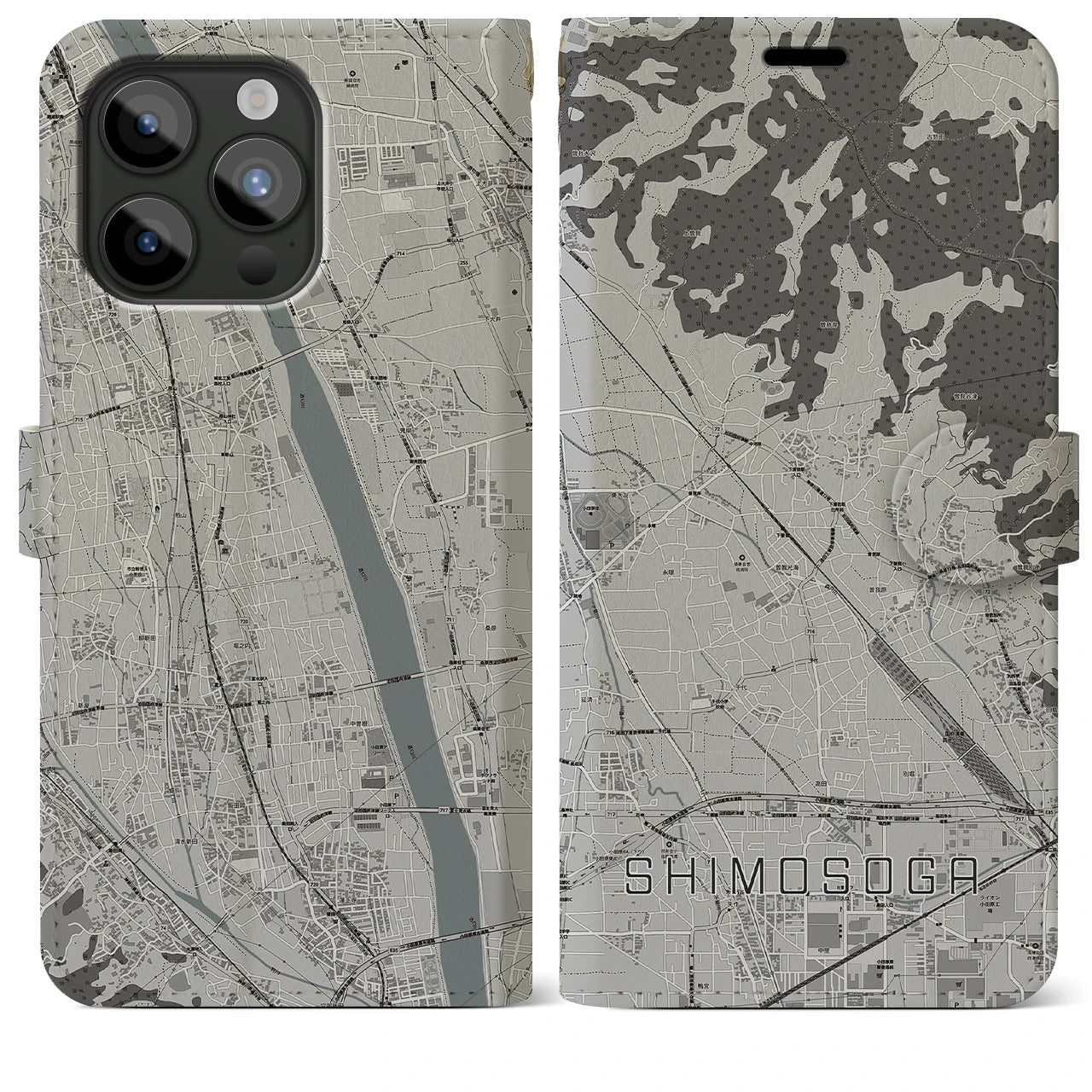 【下曽我(神奈川県)】地図柄iPhoneケース(手帳タイプ)モノトーン・iPhone 15 Pro Max 用