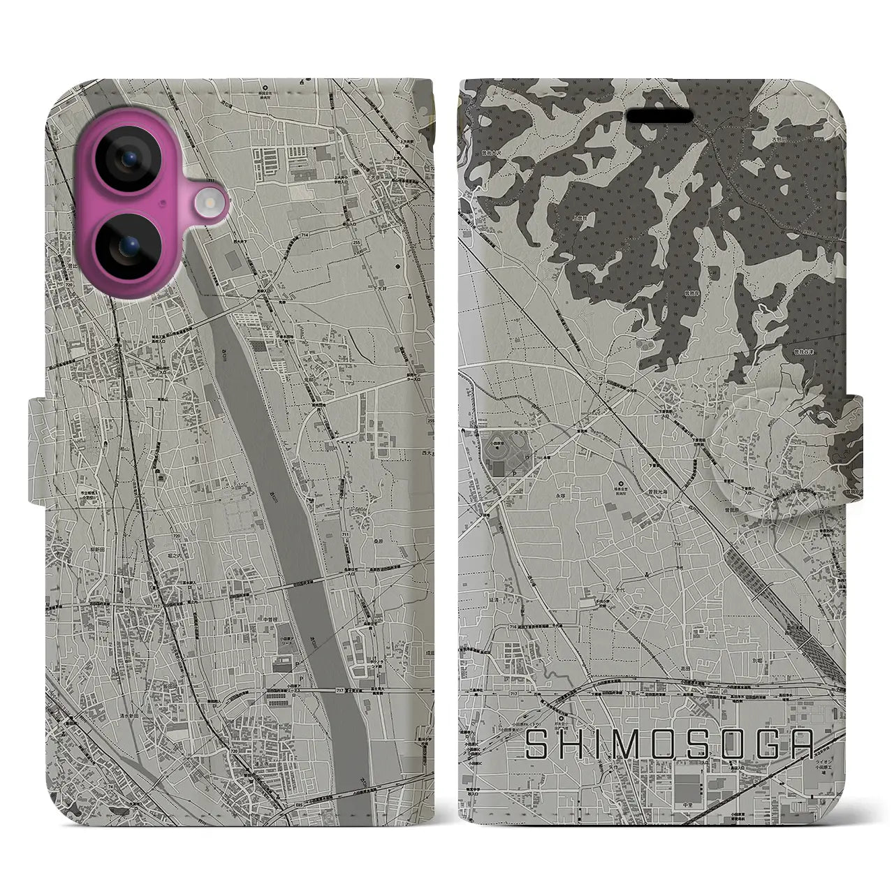 【下曽我(神奈川県)】地図柄iPhoneケース(手帳タイプ)モノトーン・iPhone 16 Pro 用