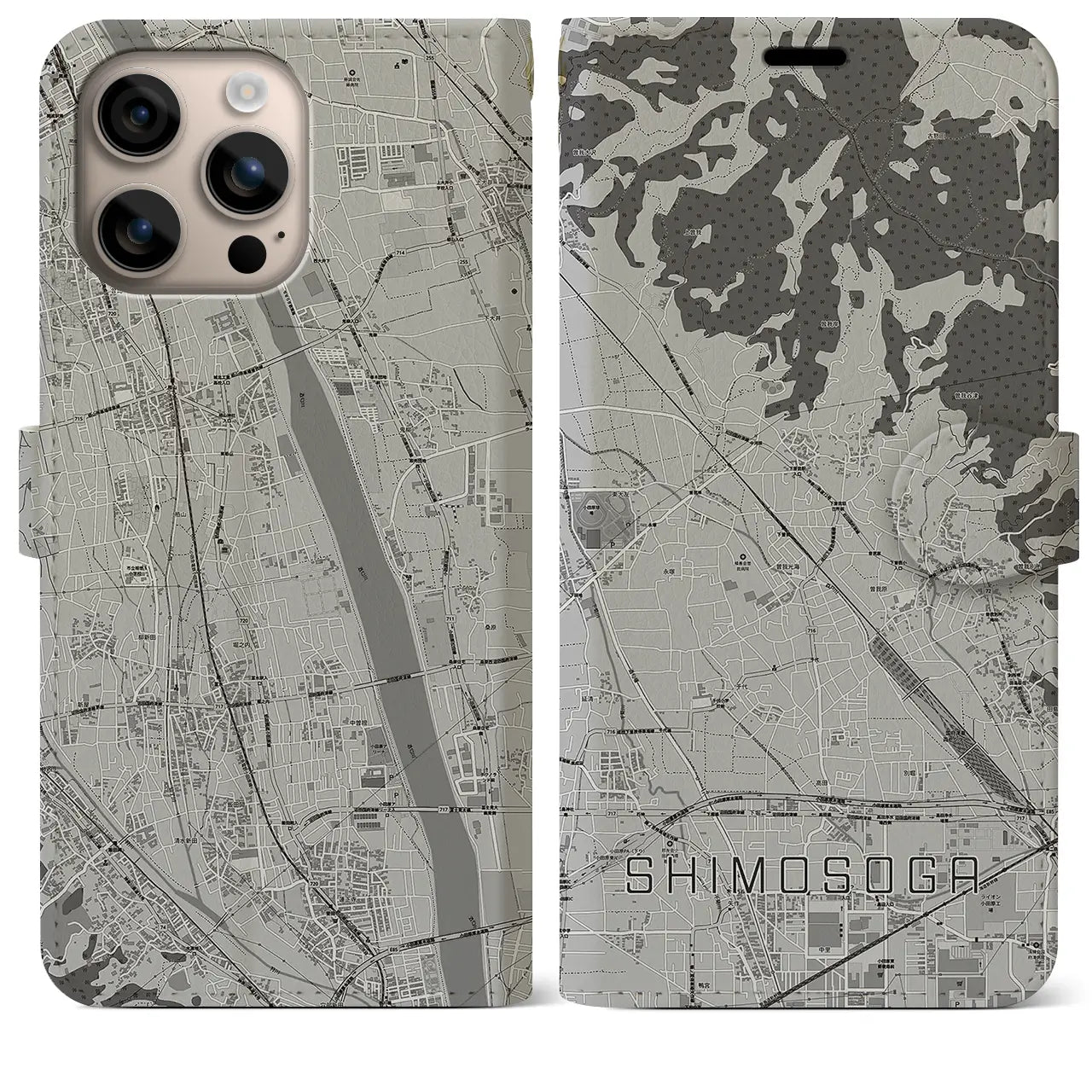 【下曽我(神奈川県)】地図柄iPhoneケース(手帳タイプ)モノトーン・iPhone 16 Plus 用