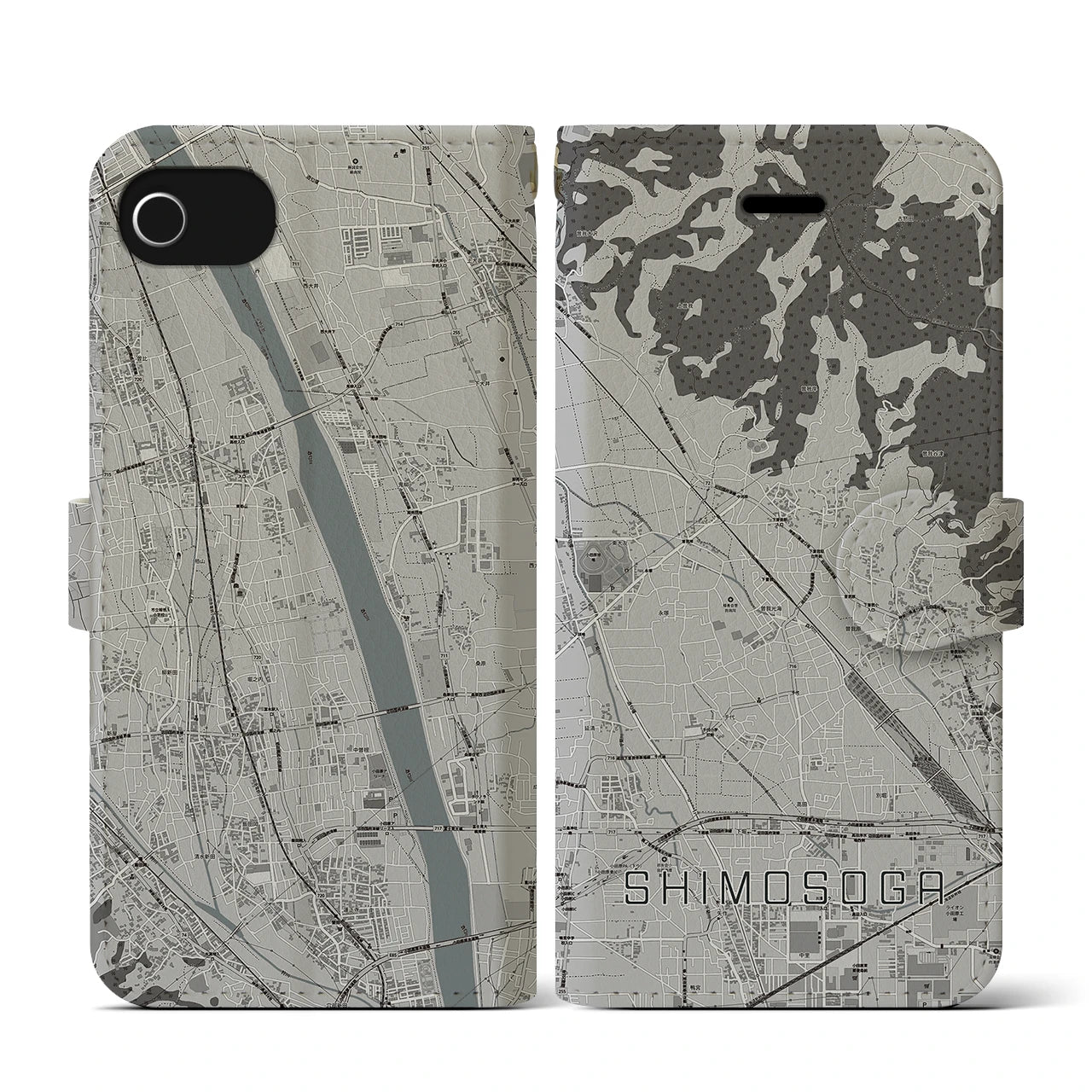【下曽我(神奈川県)】地図柄iPhoneケース(手帳タイプ)モノトーン・iPhone SE(第3 / 第2世代) / 8 / 7 / 6s / 6 用