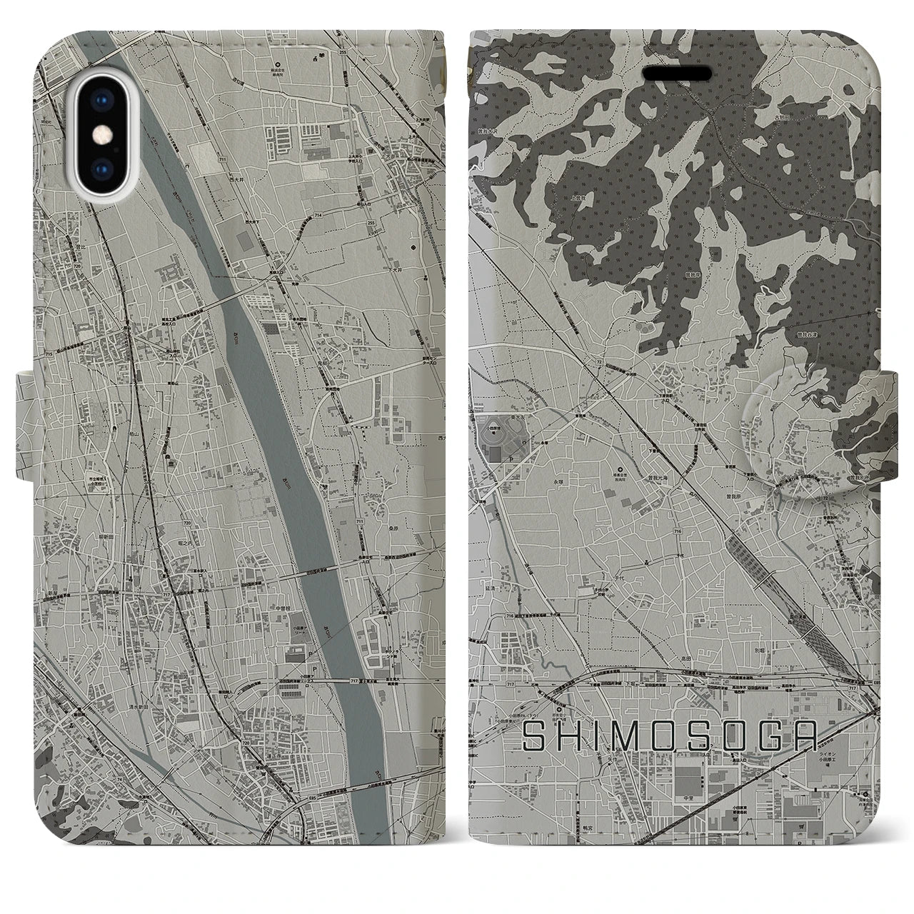 【下曽我(神奈川県)】地図柄iPhoneケース(手帳タイプ)モノトーン・iPhone XS Max 用