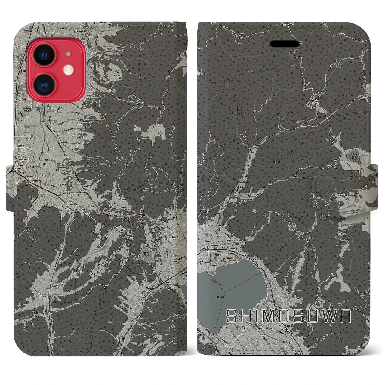 【下諏訪(長野県)】地図柄iPhoneケース(手帳タイプ)モノトーン・iPhone 11 用
