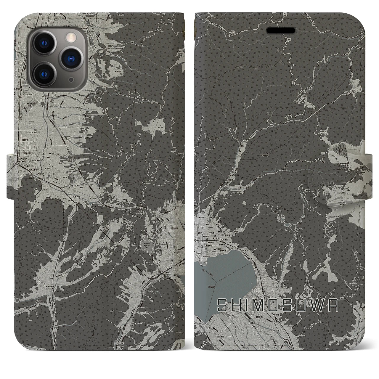【下諏訪(長野県)】地図柄iPhoneケース(手帳タイプ)モノトーン・iPhone 11 Pro Max 用