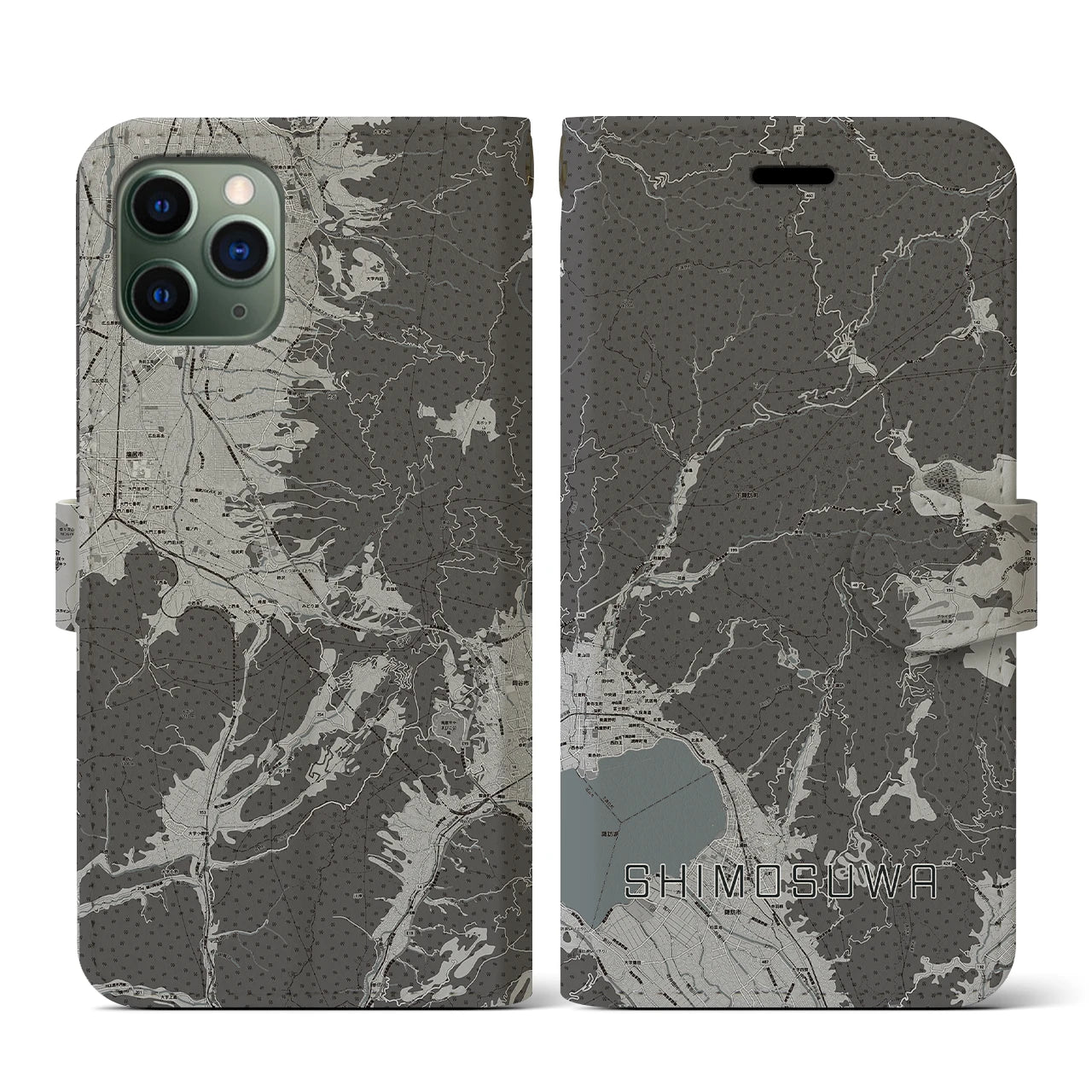 【下諏訪(長野県)】地図柄iPhoneケース(手帳タイプ)モノトーン・iPhone 11 Pro 用