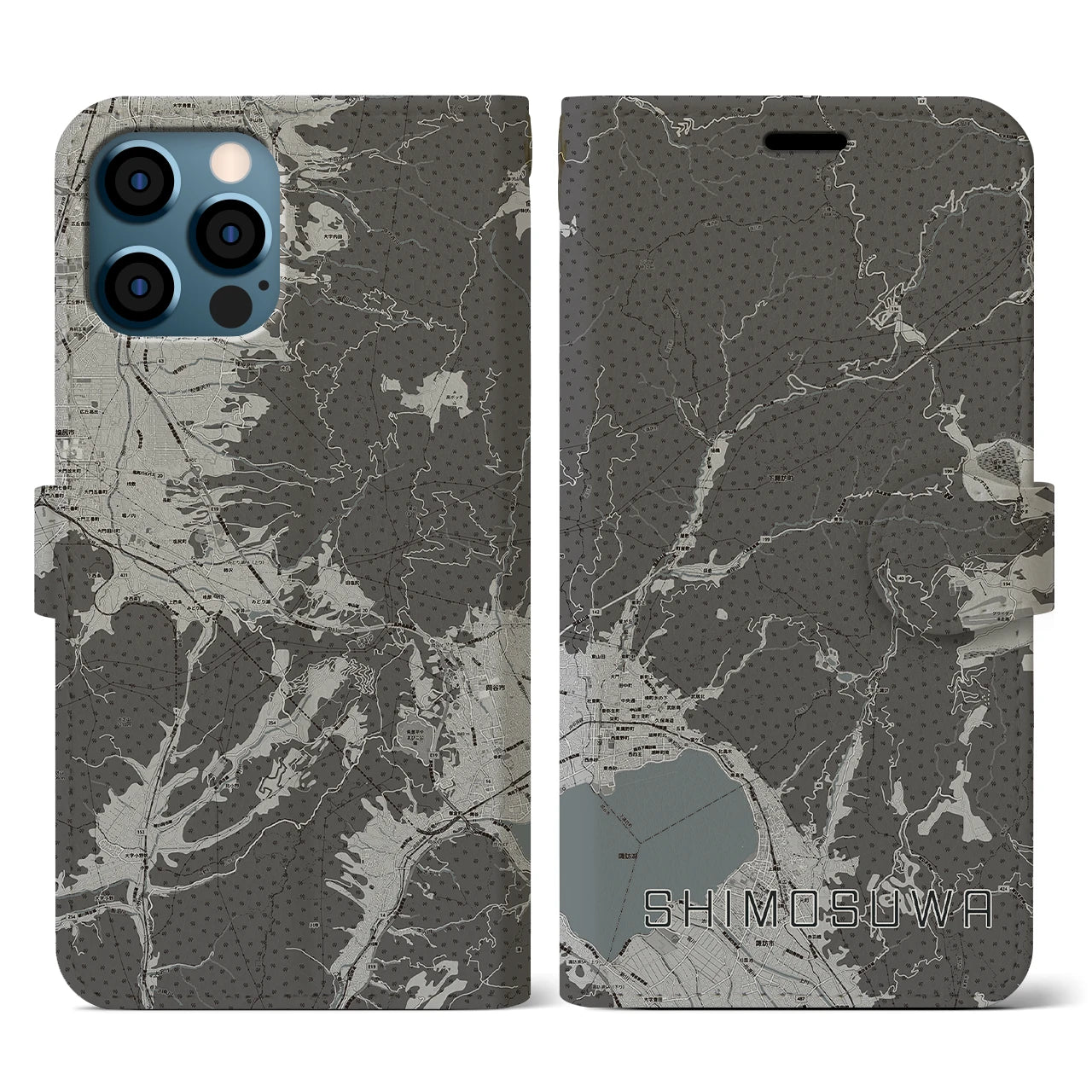 【下諏訪(長野県)】地図柄iPhoneケース(手帳タイプ)モノトーン・iPhone 12 / 12 Pro 用