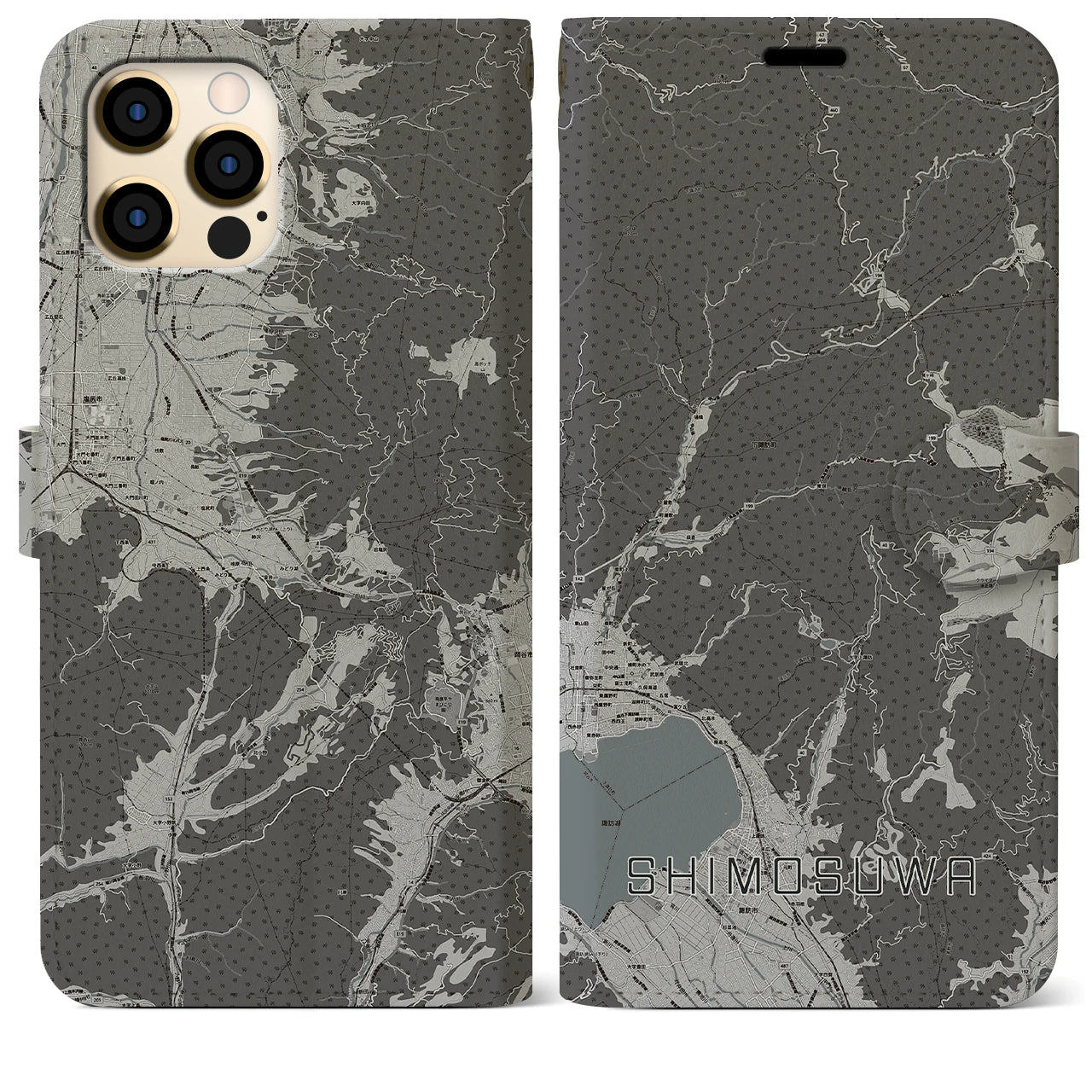 【下諏訪(長野県)】地図柄iPhoneケース(手帳タイプ)モノトーン・iPhone 12 Pro Max 用